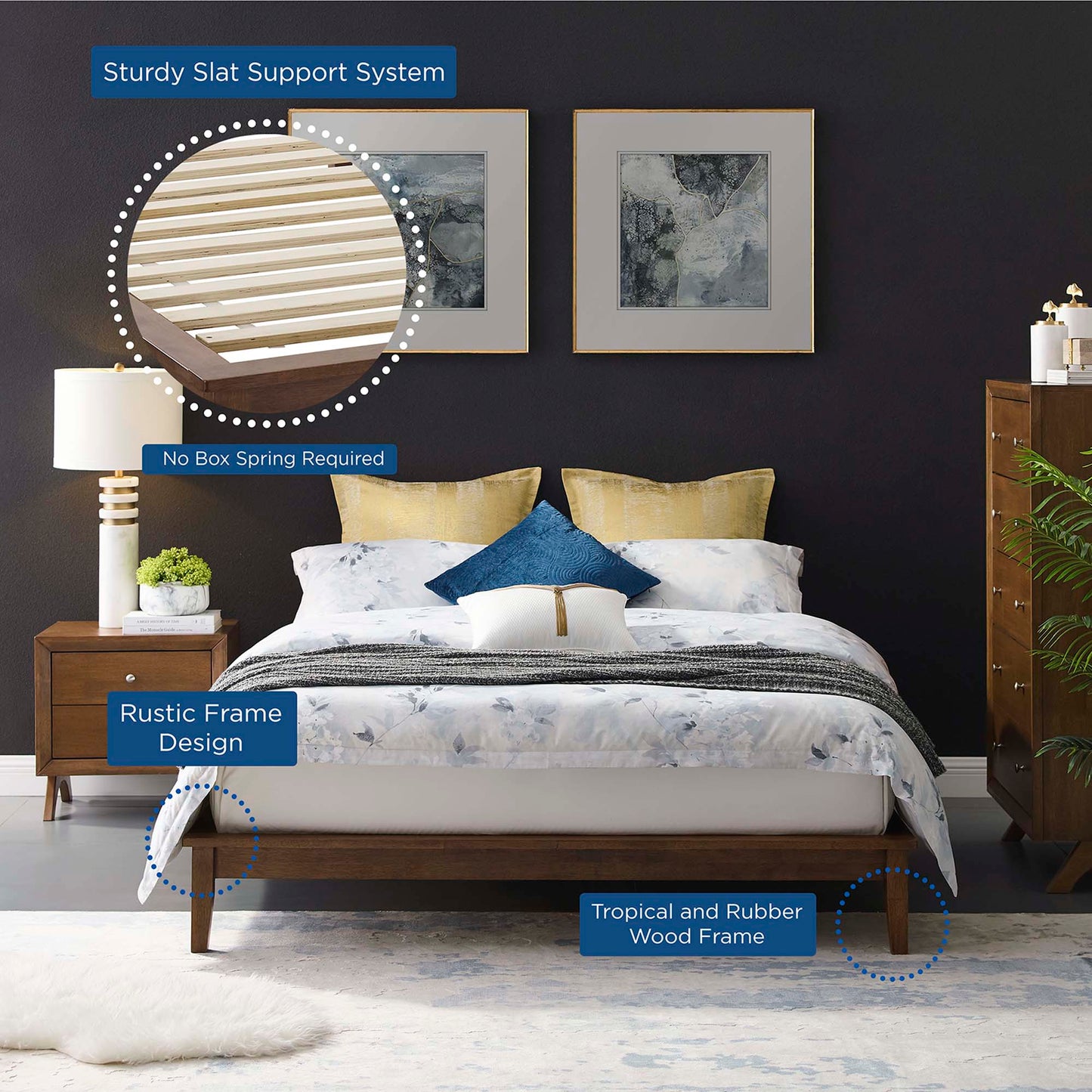 Wood queen platform bed frame in cappuccino finish with slat support; in a bedroom with floral bedding, yellow/blue pillows and framed art.