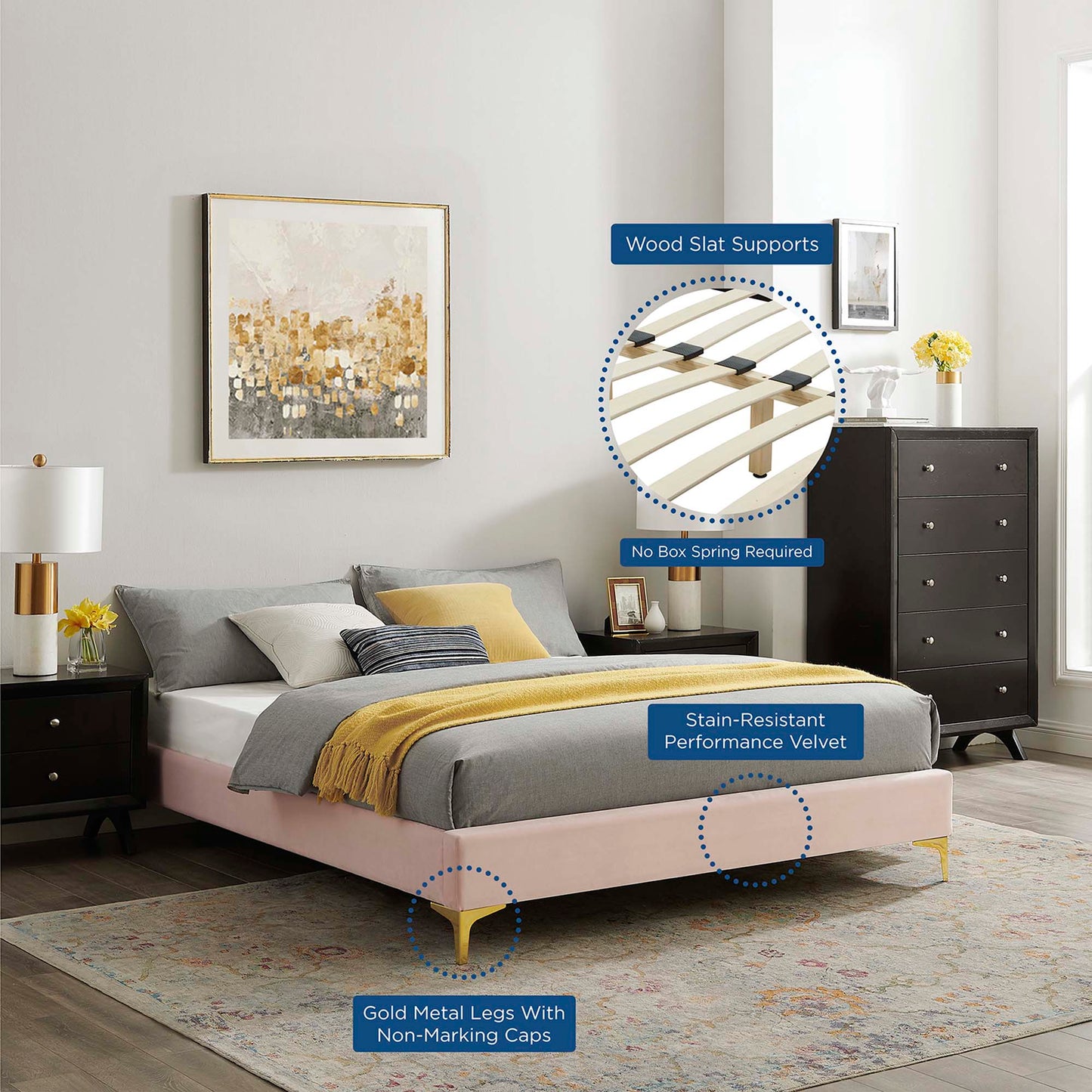 Pink velvet bed frame with gold legs, grey-yellow bedding; wood slat supports, no box spring, stain-resistant velvet.