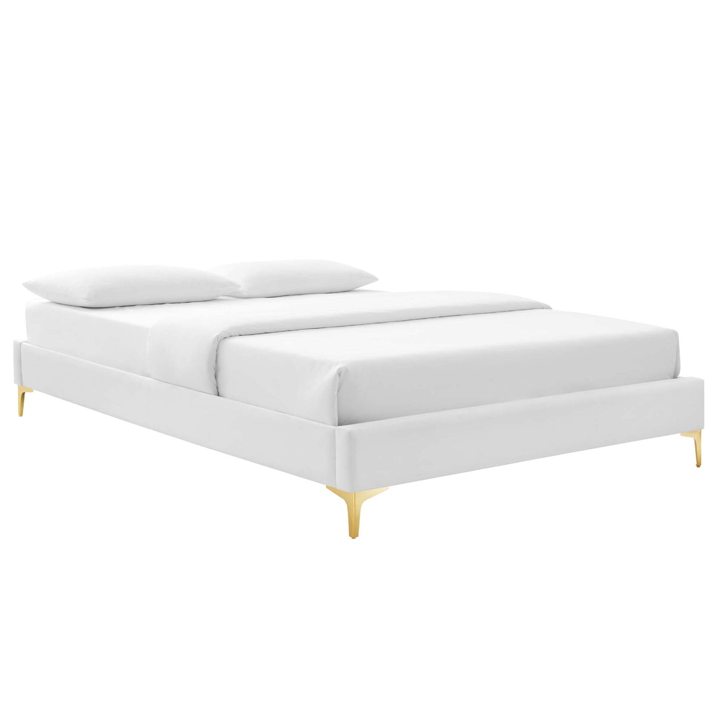 White upholstered platform bed with clean lines, low profile frame, and gold legs, paired with two white pillows.