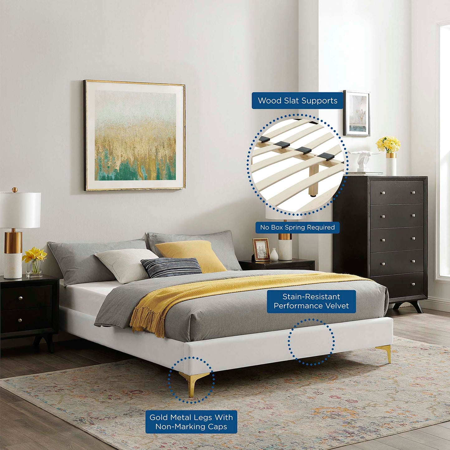 White upholstered full bed frame with gold metal legs and wood slat supports; no box spring required, stain-resistant velvet.