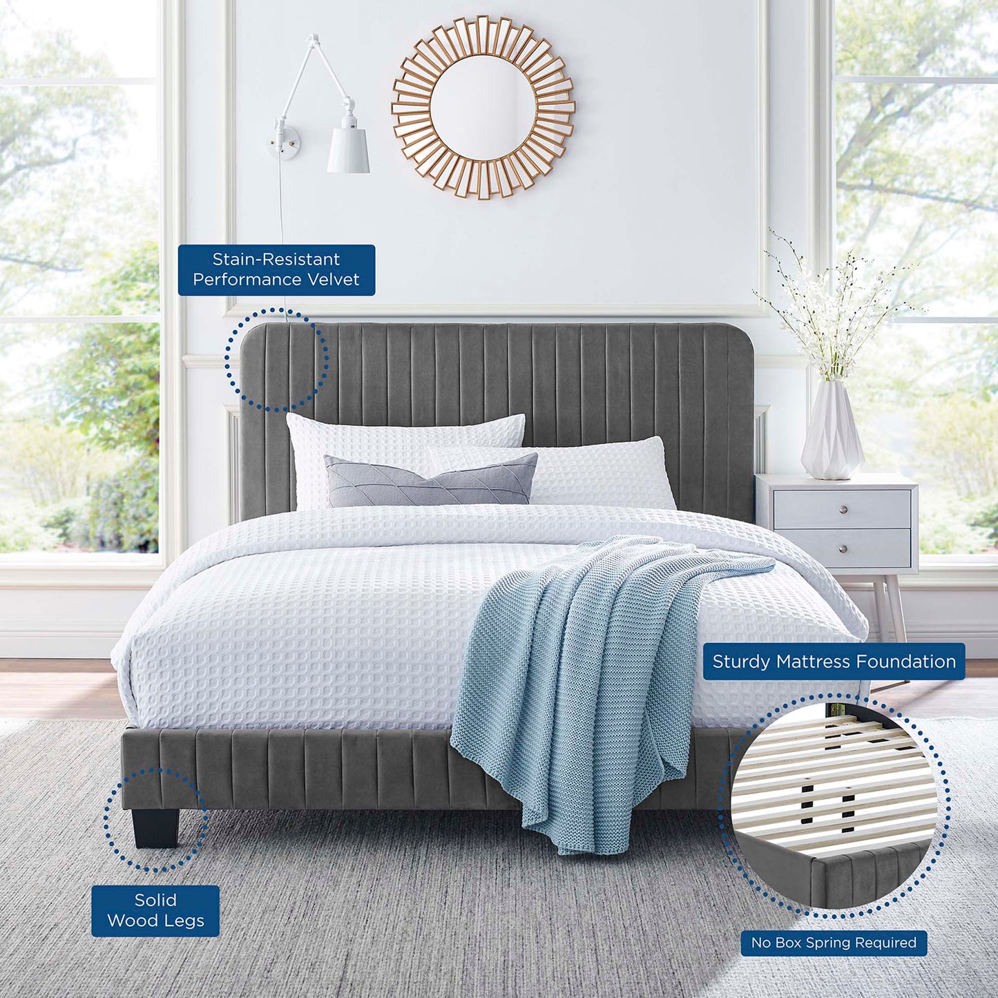 Gray performance velvet full platform bed with channel-tufted headboard, solid wood legs, white bedding, blue knit throw; no box spring.