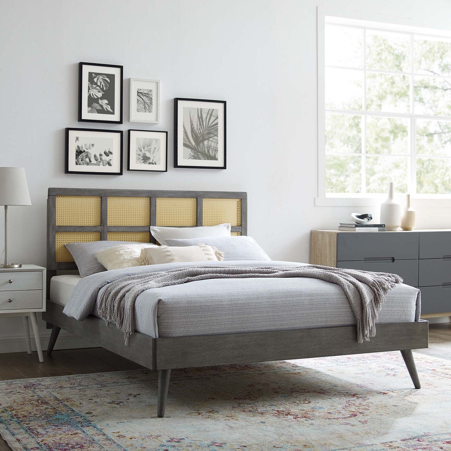 Modway Outlet Sidney Cane and Wood Full Platform Bed With Splayed Legs by Modway Bedroom Furniture Gray - MOD-6374-GRY