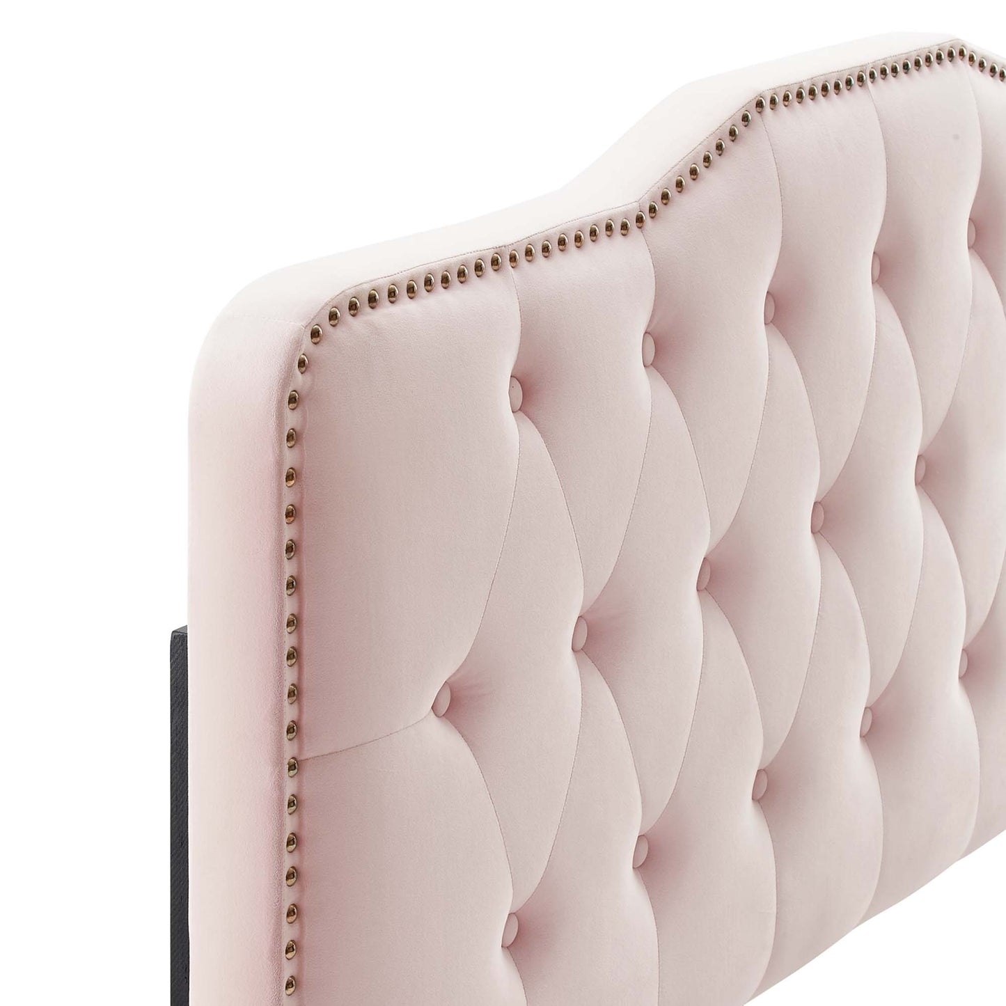 Red velvet tufted full/queen headboard with brass nailhead trim along the edge.