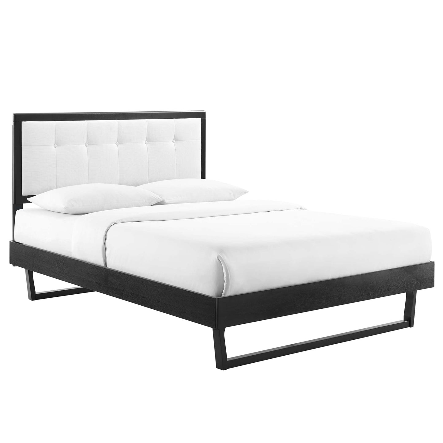 Modern black platform bed with white tufted headboard and crisp white bedding, sleek low-profile frame.