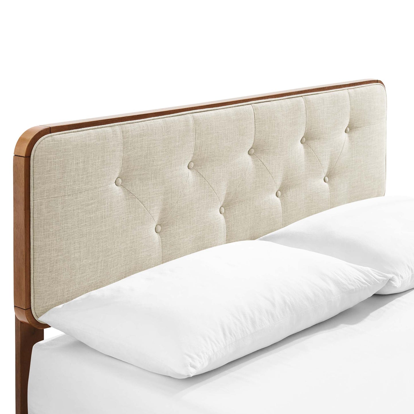 Walnut-finish twin platform bed with angular wooden frame.