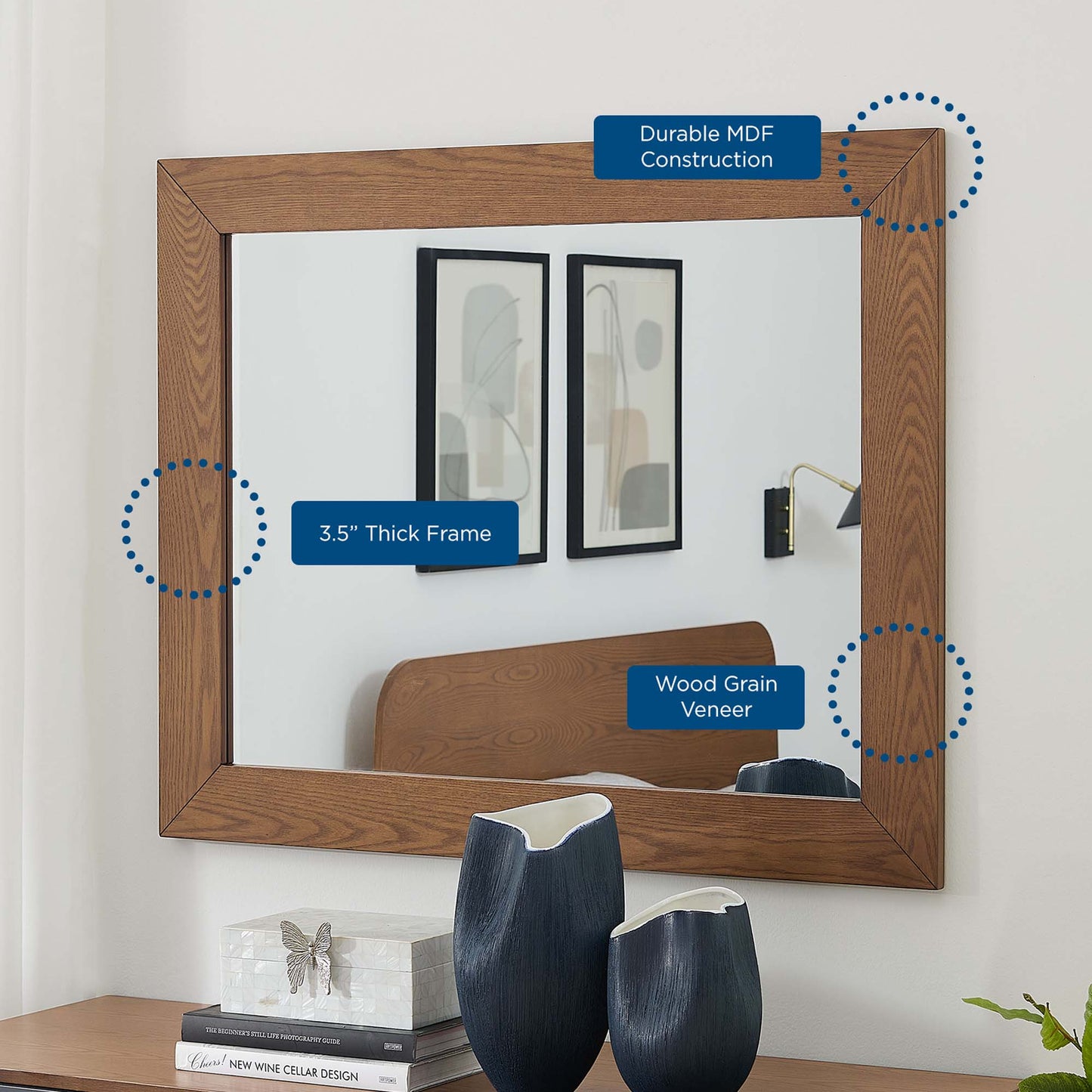 Walnut wood grain veneer, 3.5 inch thick MDF frame, rectangular mirror in modern rustic style.