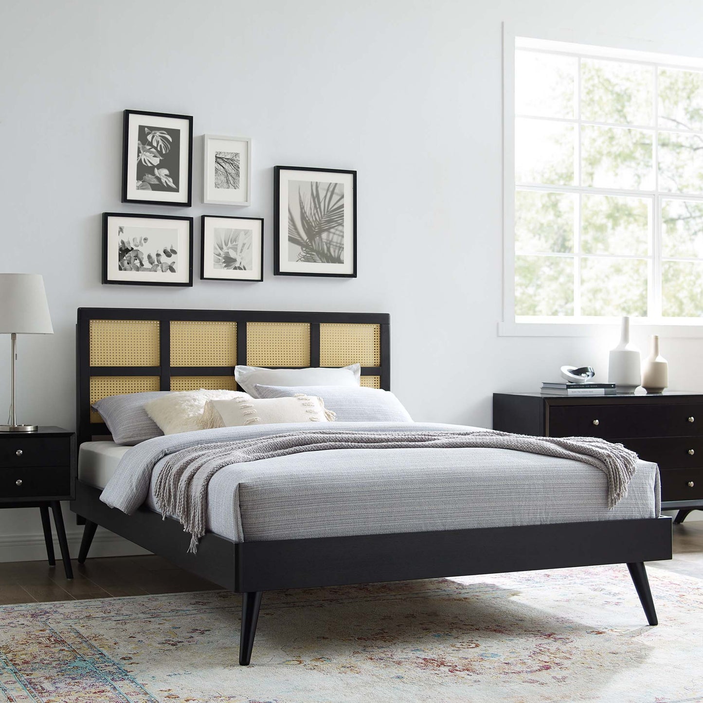 Modway Outlet Sidney Cane and Wood King Platform Bed With Splayed Legs by Modway Bedroom Furniture Black - MOD-6694-BLK