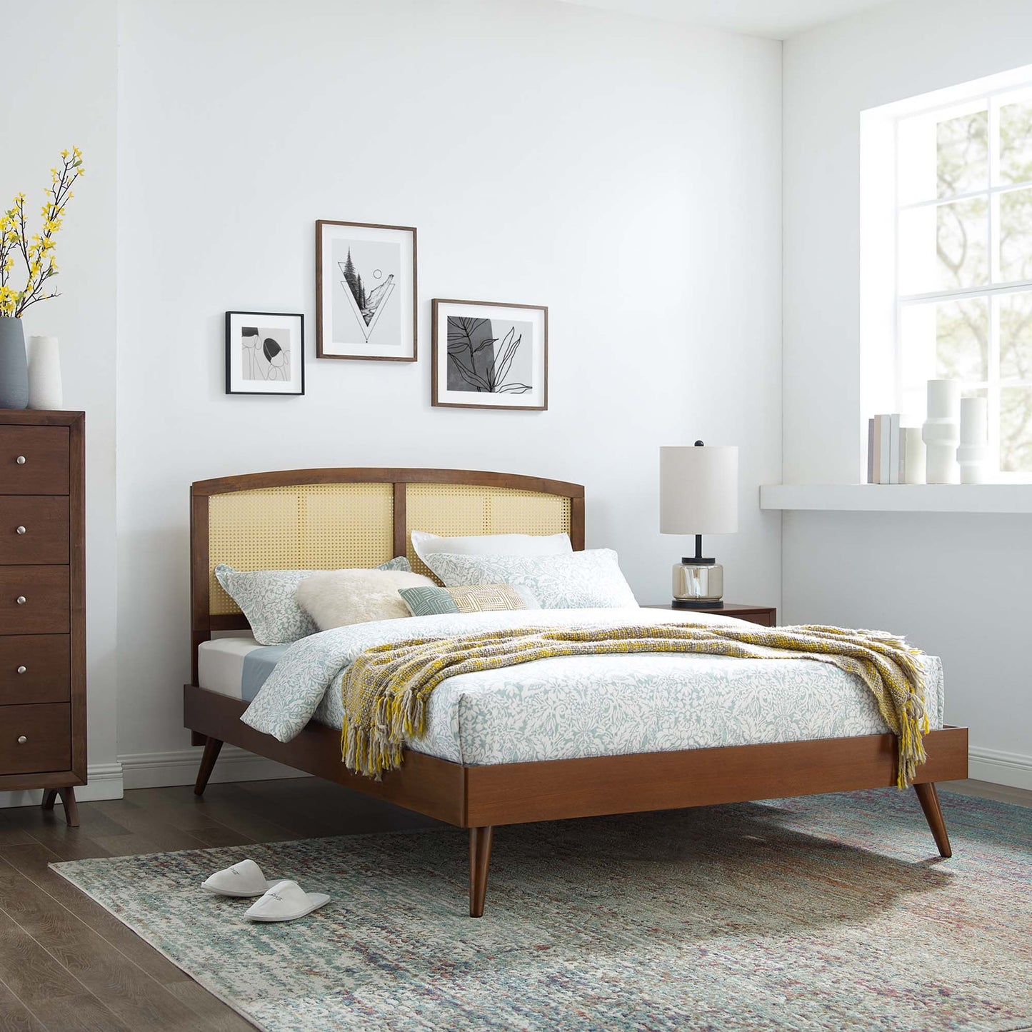 Modway Outlet Sierra Cane and Wood Full Platform Bed With Splayed Legs by Modway Bedroom Furniture Walnut - MOD-6700-WAL