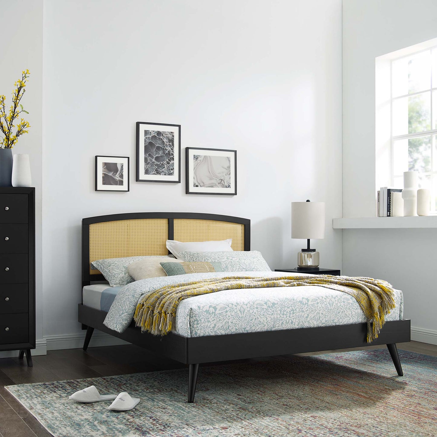 Modway Outlet Sierra Cane and Wood King Platform Bed With Splayed Legs by Modway Bedroom Furniture Black - MOD-6702-BLK