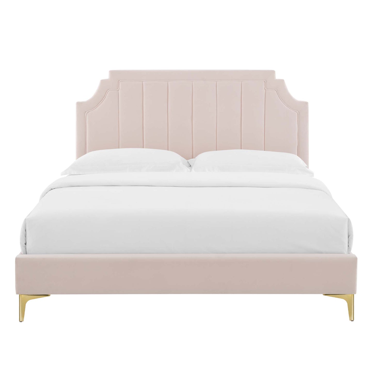 Red upholstered bed with tall, channel-tufted headboard, curved side corners, matching footboard, gold legs, white bedding.