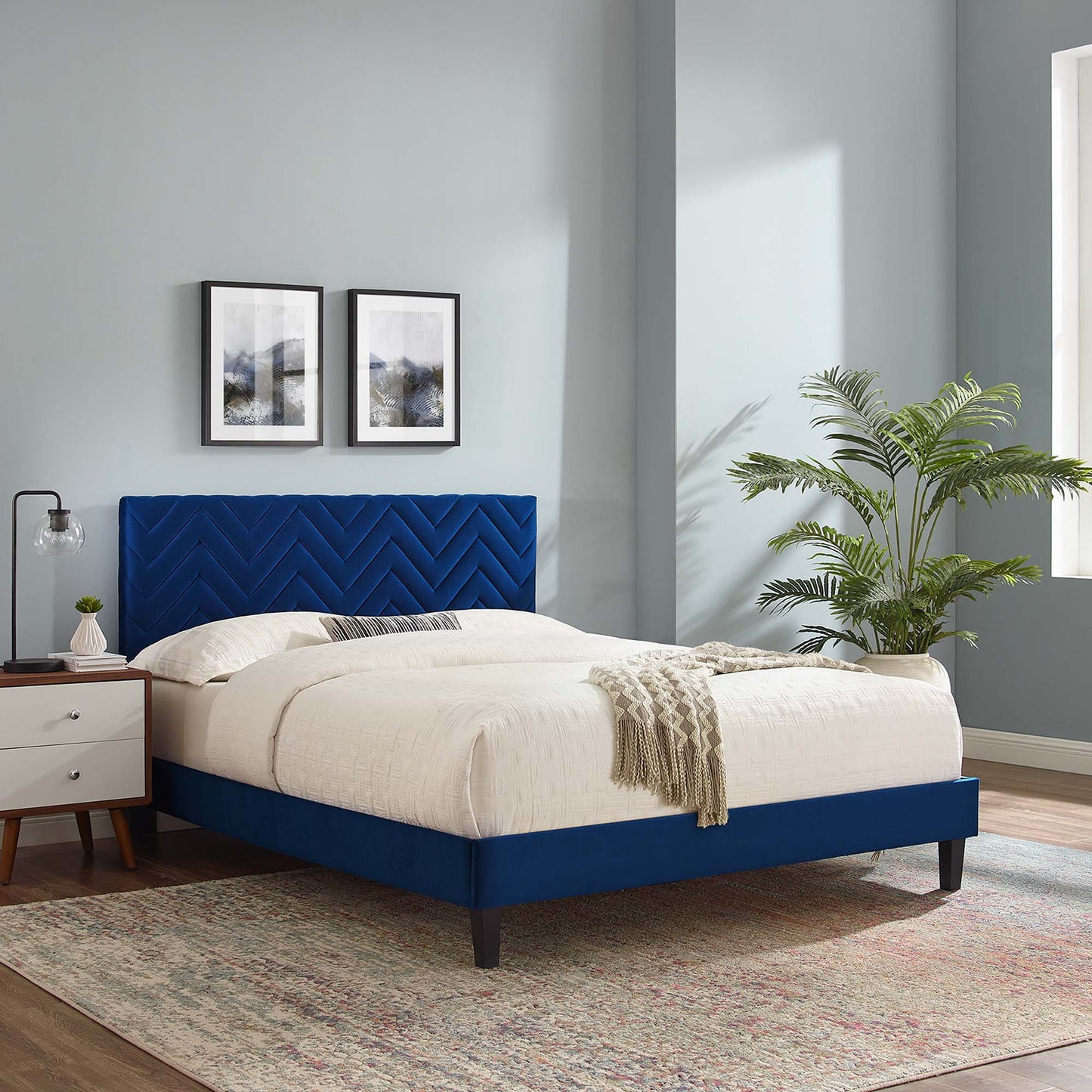 Modway Outlet Leah Chevron Tufted Performance Velvet Queen Platform Bed by Modway Bedroom Furniture Navy - MOD-6973-NAV