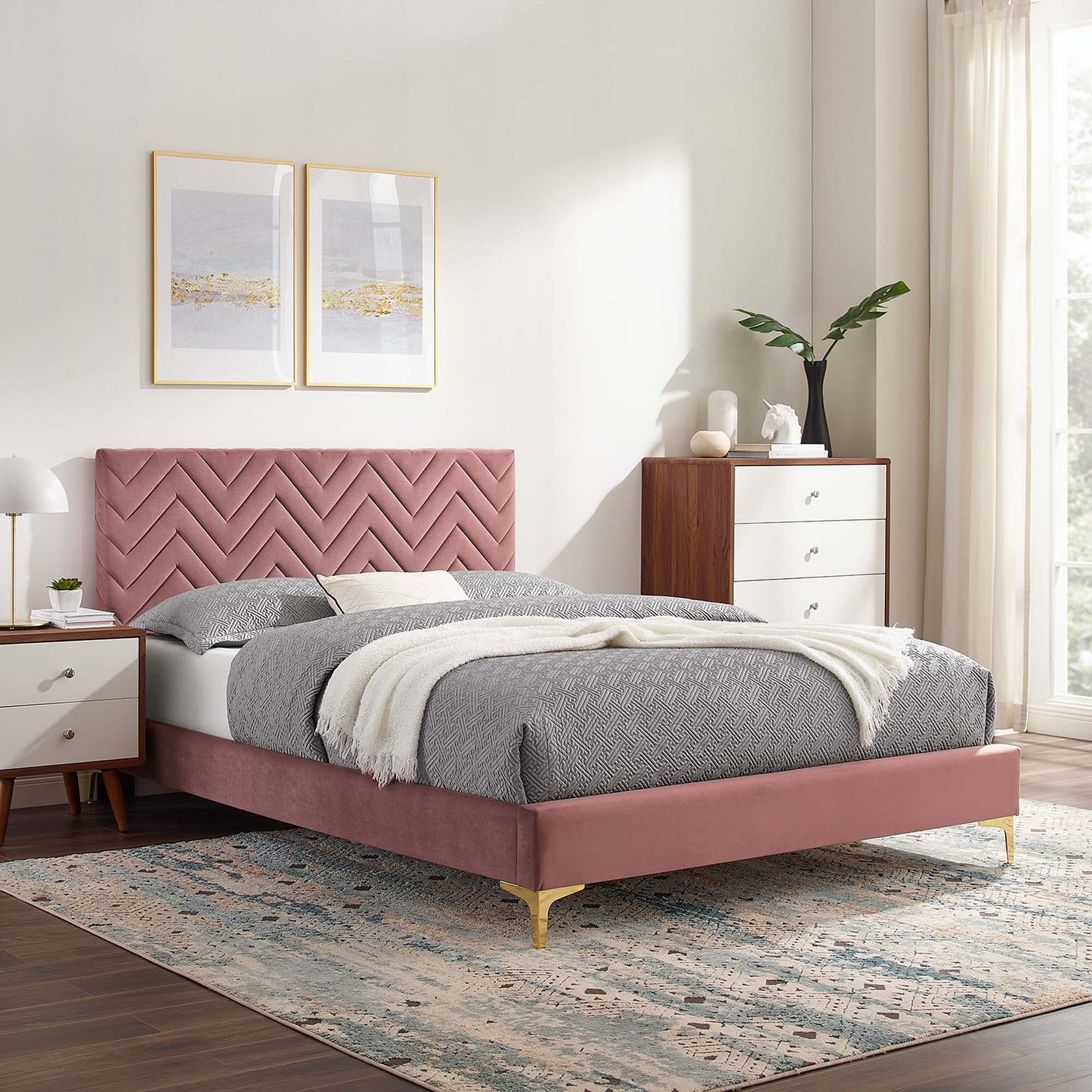 Modway Outlet Leah Chevron Tufted Performance Velvet King Platform Bed by Modway Bedroom Furniture Dusty Rose - MOD-7005-DUS
