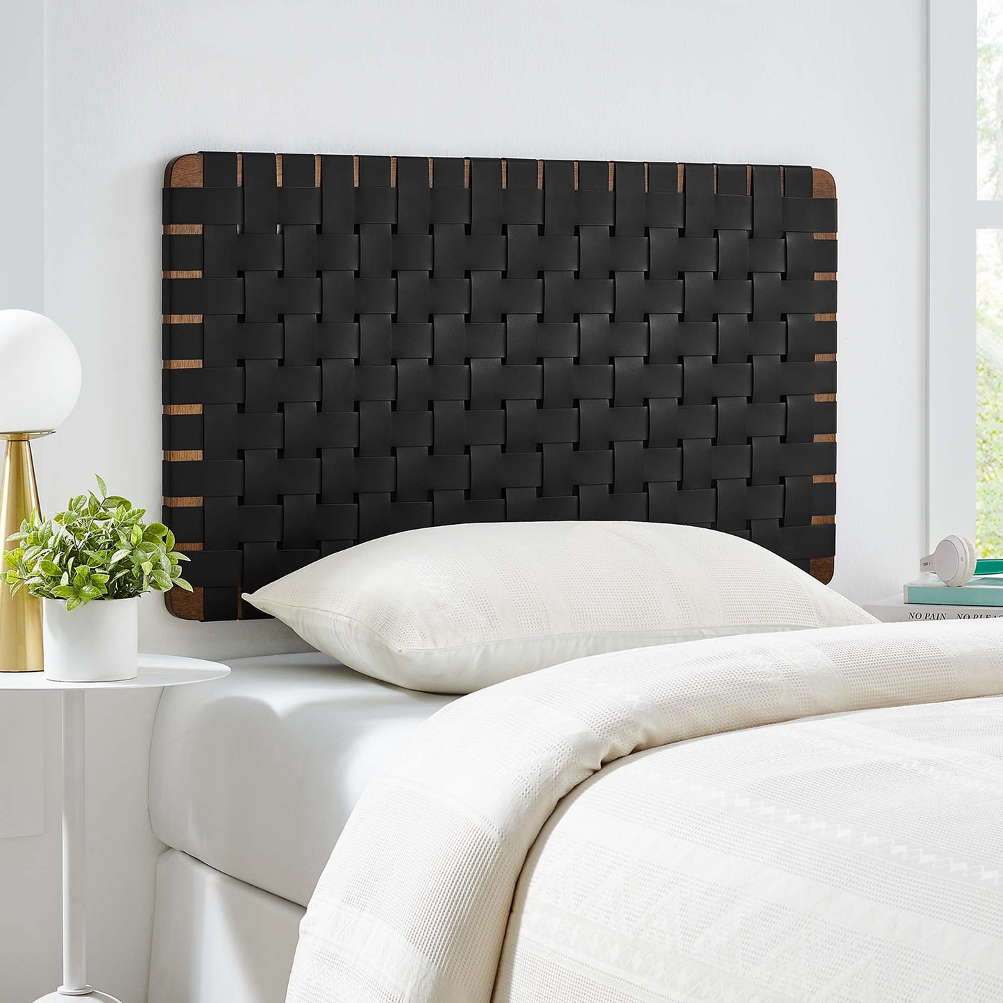 Modway - Sparta Weave Wall-Mount Vegan Leather Twin Headboard by Modway Bedroom Headboards Black - MOD-7120-WAL-BLK