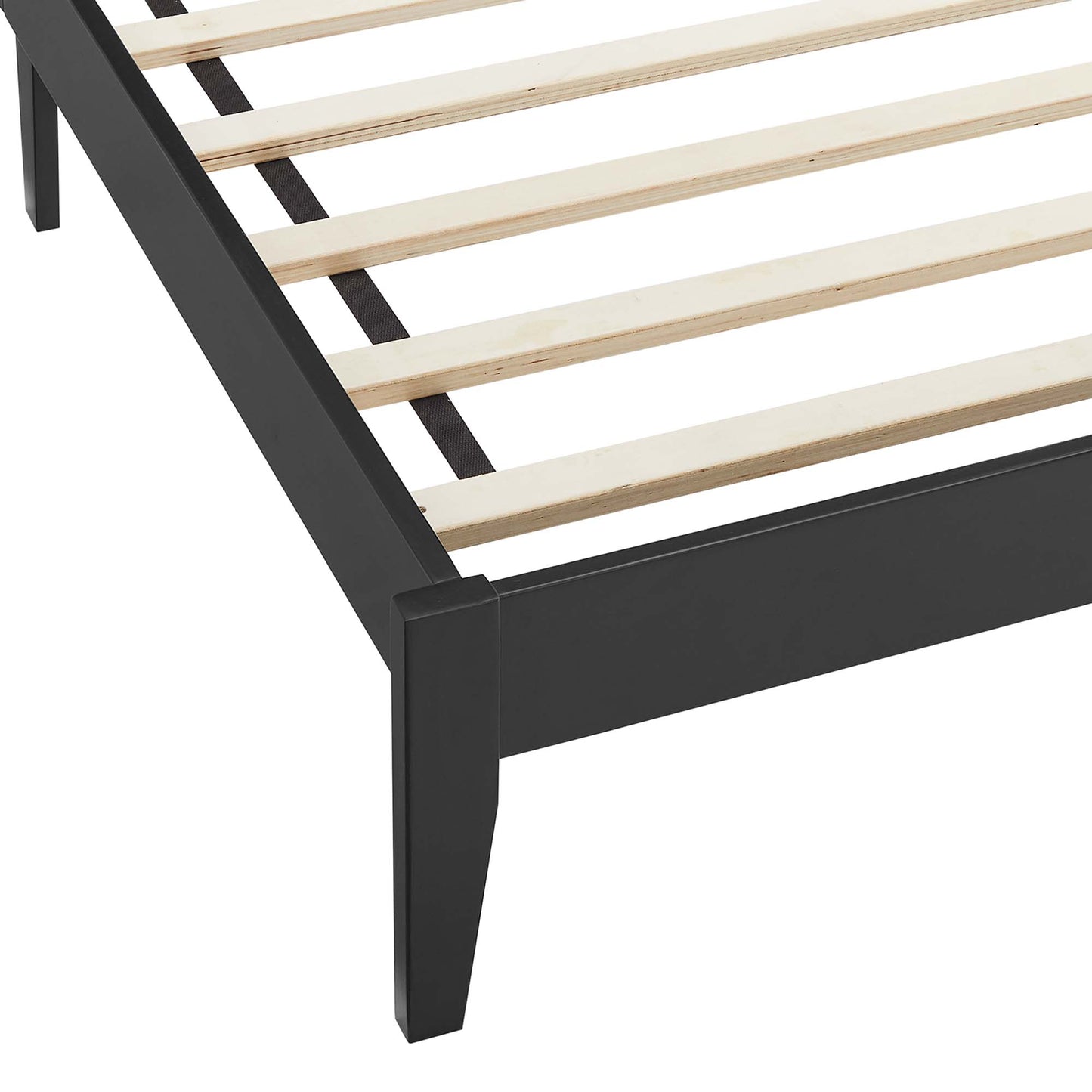Black twin platform bed with a low-profile frame in rattan and wood, featuring light wooden slats and rectangular legs.