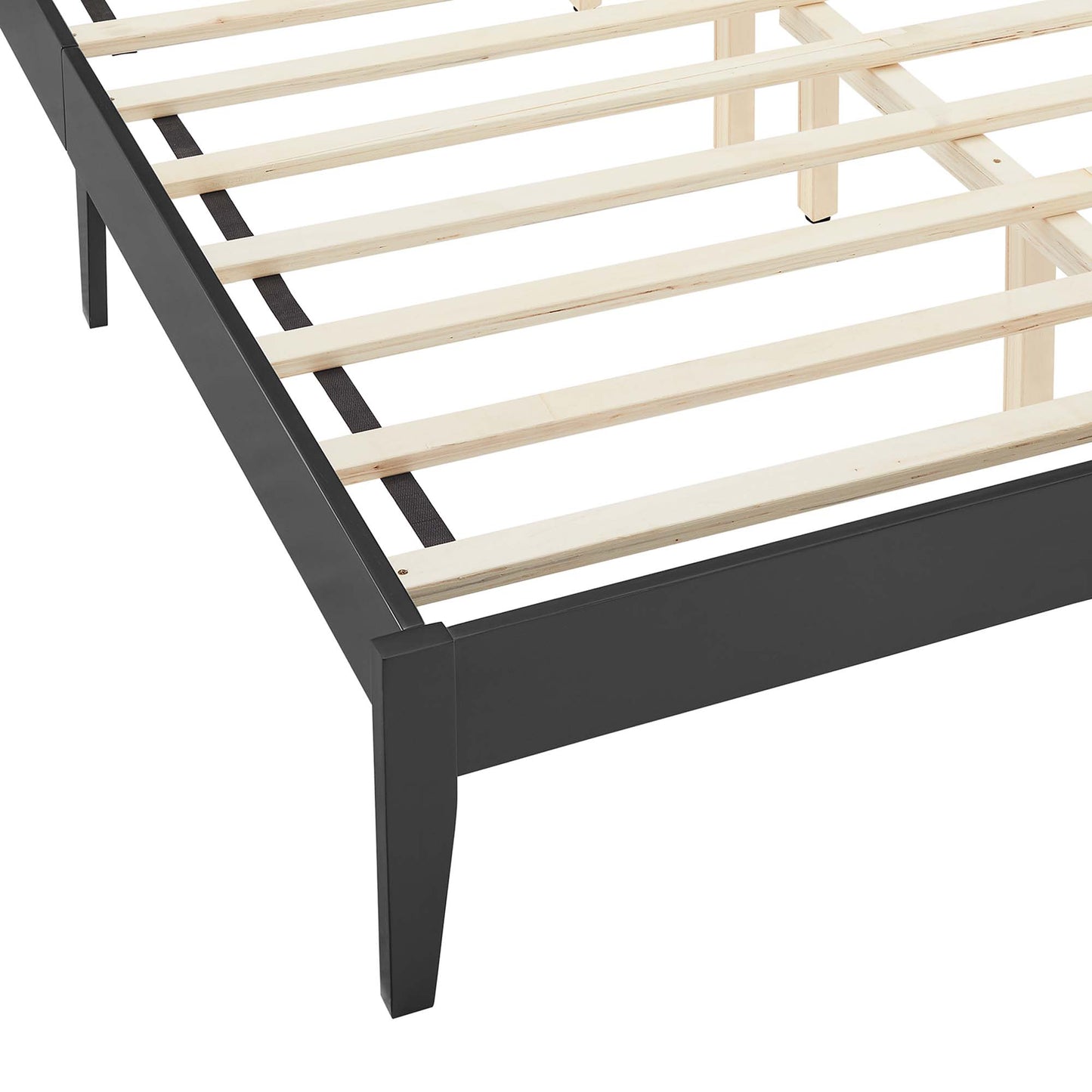 Black queen platform bed with wood slats and rattan accents, featuring a low-profile footboard and straight legs.