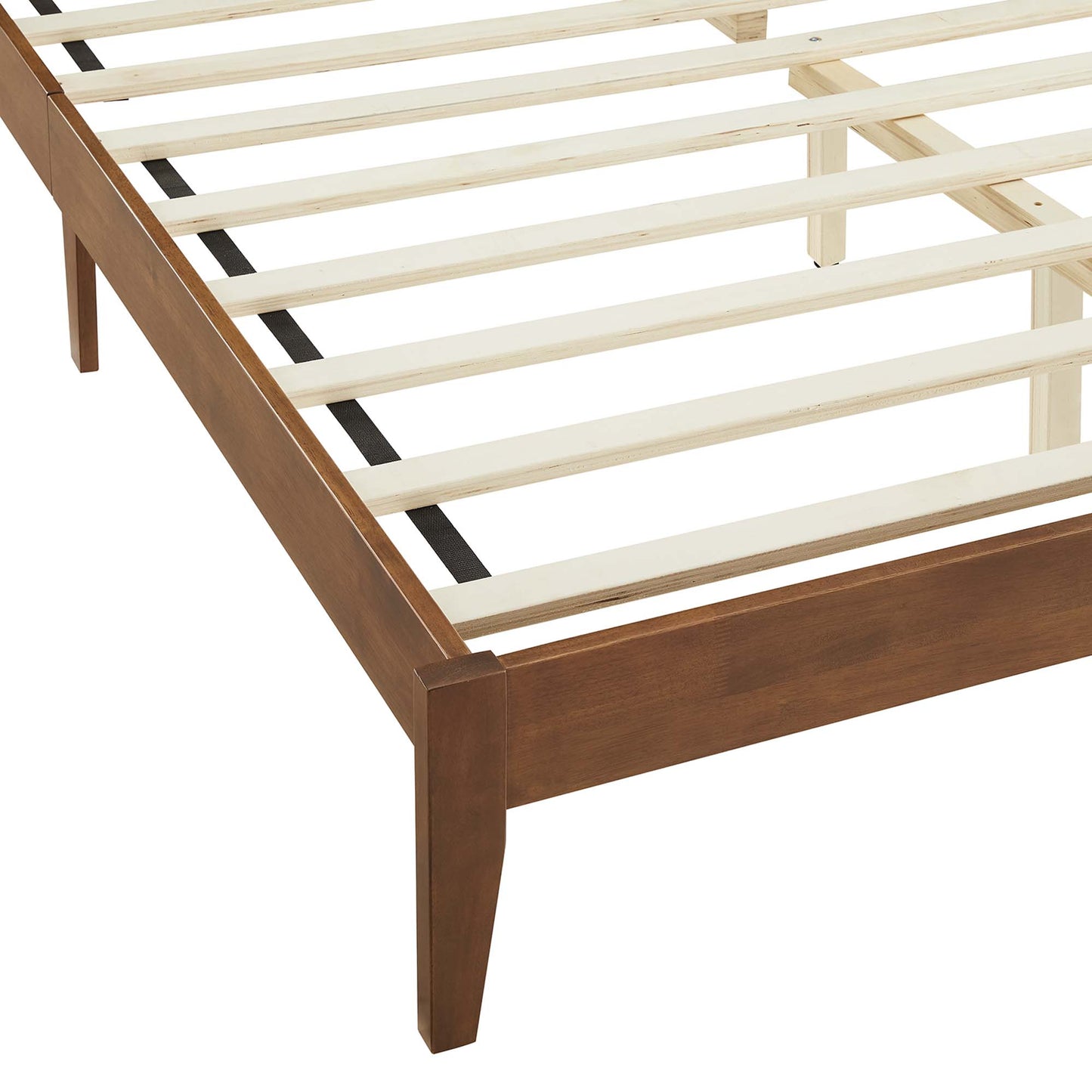 Rattan & wood king platform bed with slatted base and square legs, brown finish.