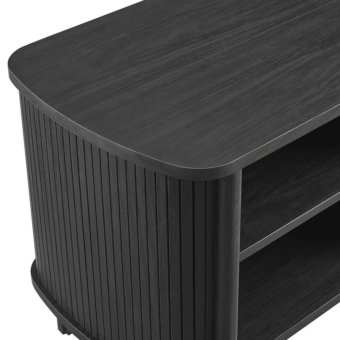 Black wood nightstand with rounded top edge, vertical slatted sides, and two open shelves.