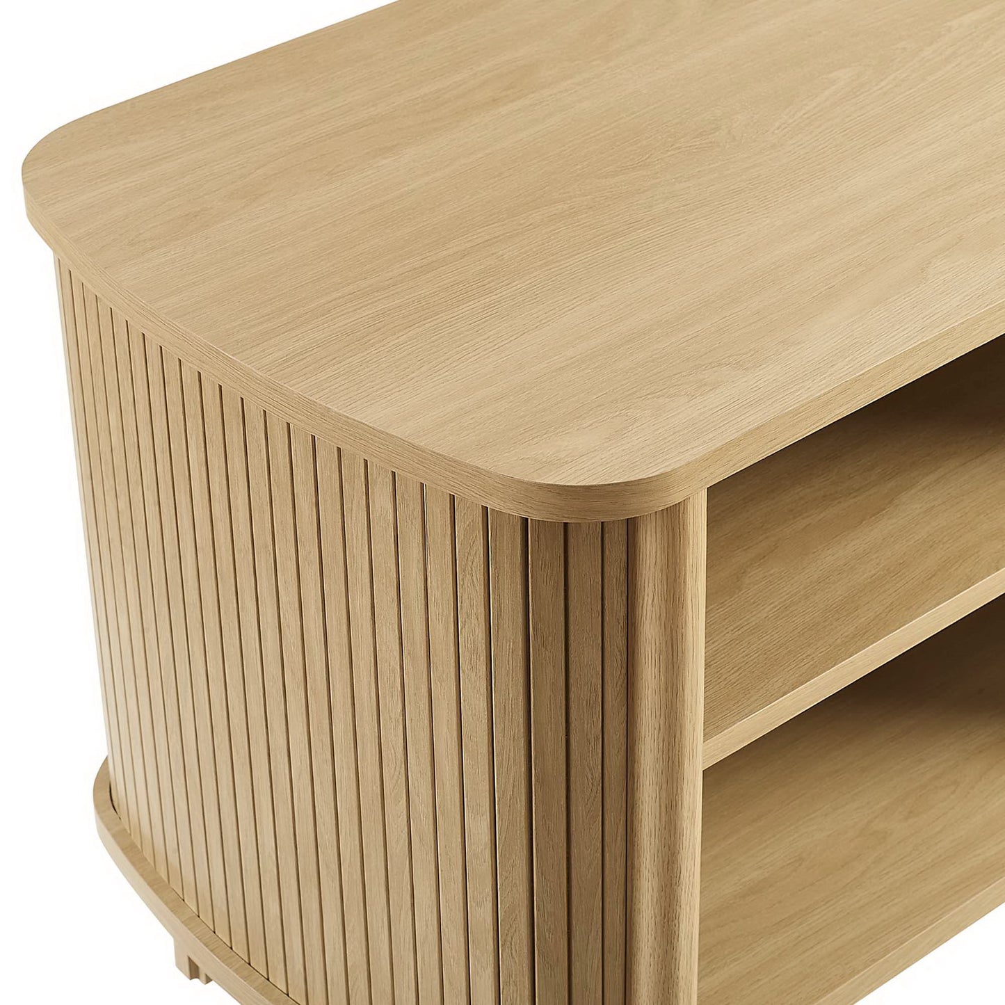 Oak wood nightstand with rounded front, vertical slat sides and two open shelves.
