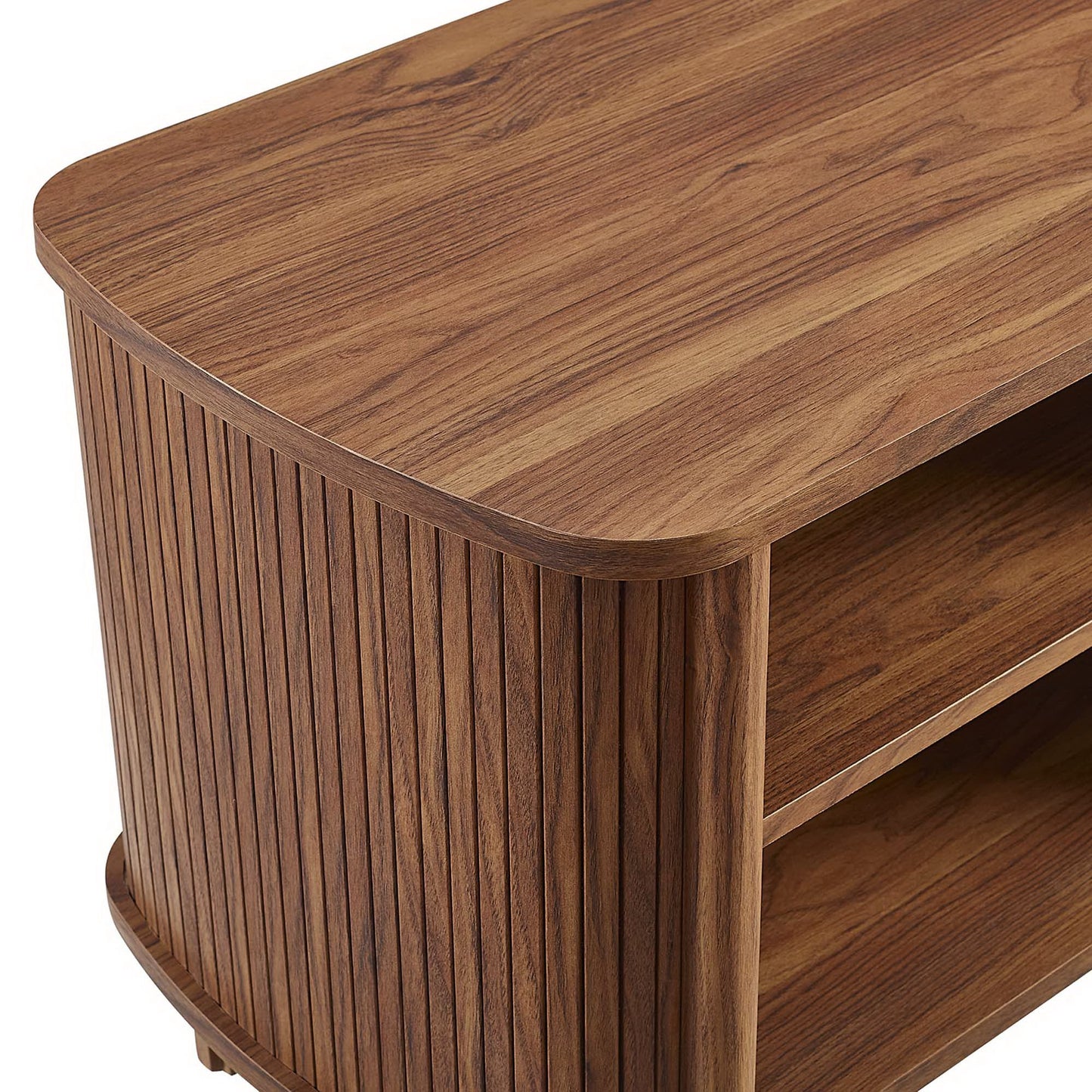 Walnut-finish wooden open nightstand with a rounded front edge, vertical slats on the sides, and two open shelves.
