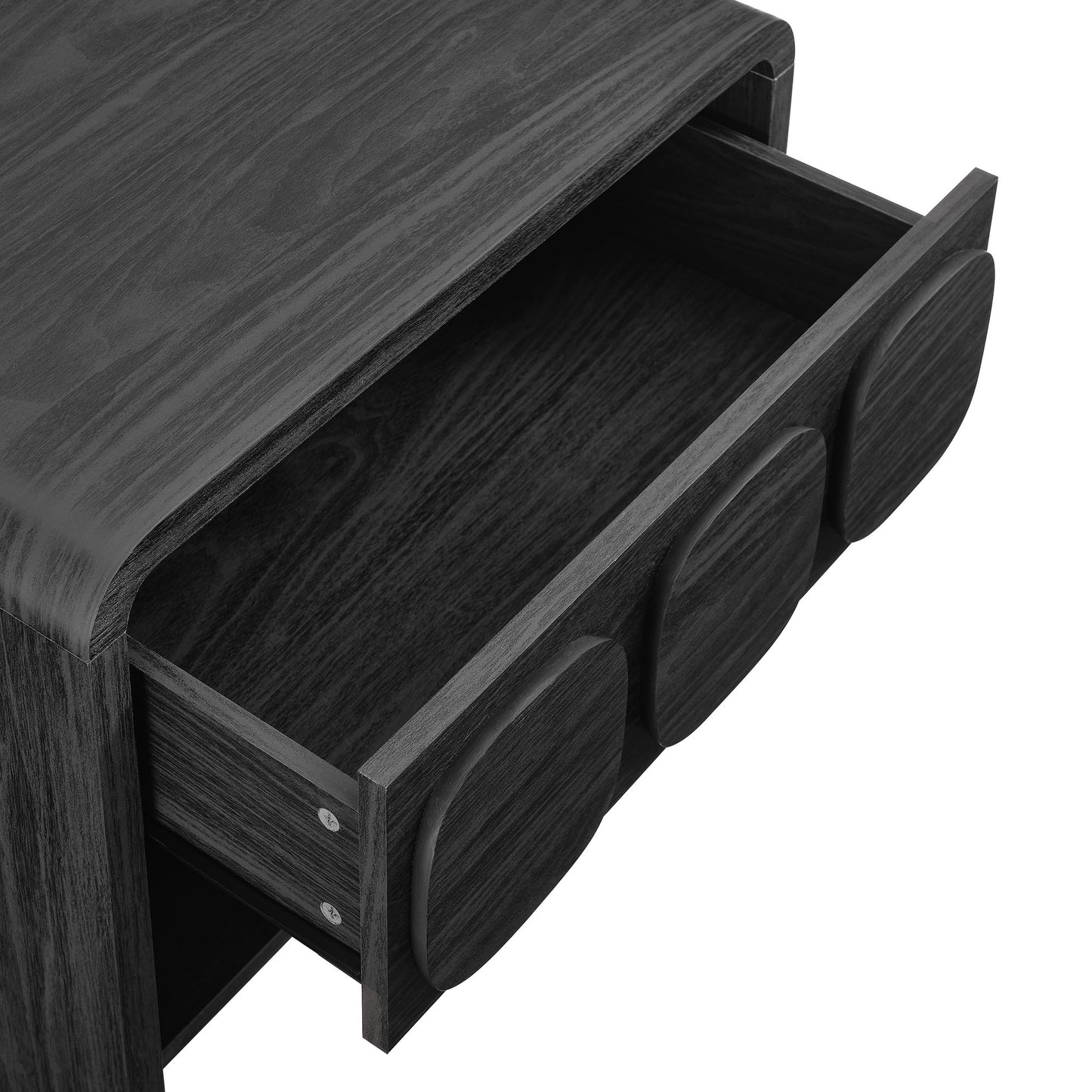 Dark black wood nightstand with a single round-front drawer.