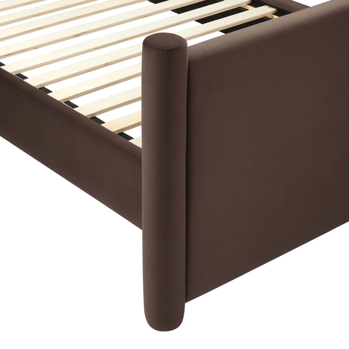 Brown upholstered platform bed frame with rounded cylindrical leg and wooden slats.