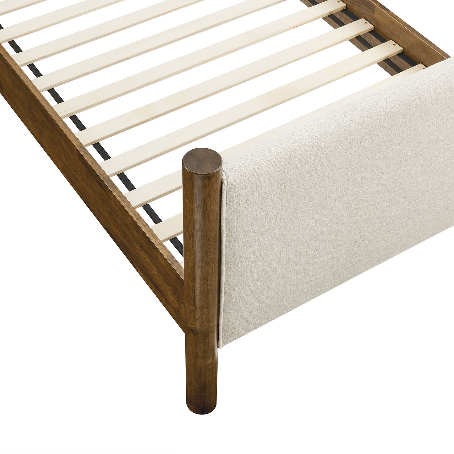 Ivory fabric-upholstered platform bed with a slatted base and footboard panel.