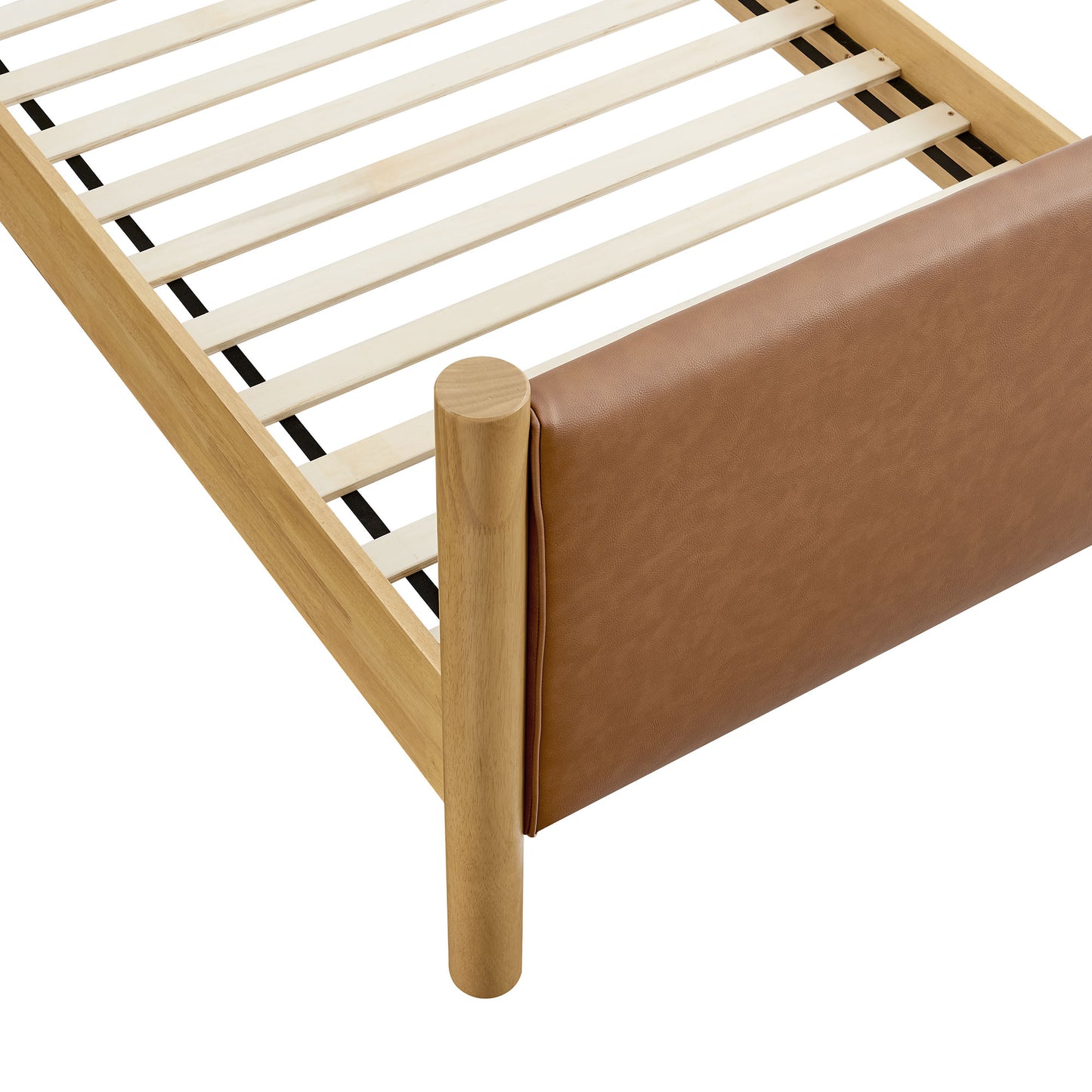Light oak vegan leather upholstered platform bed (twin), with a slatted base and rounded posts; modern minimalist style.
