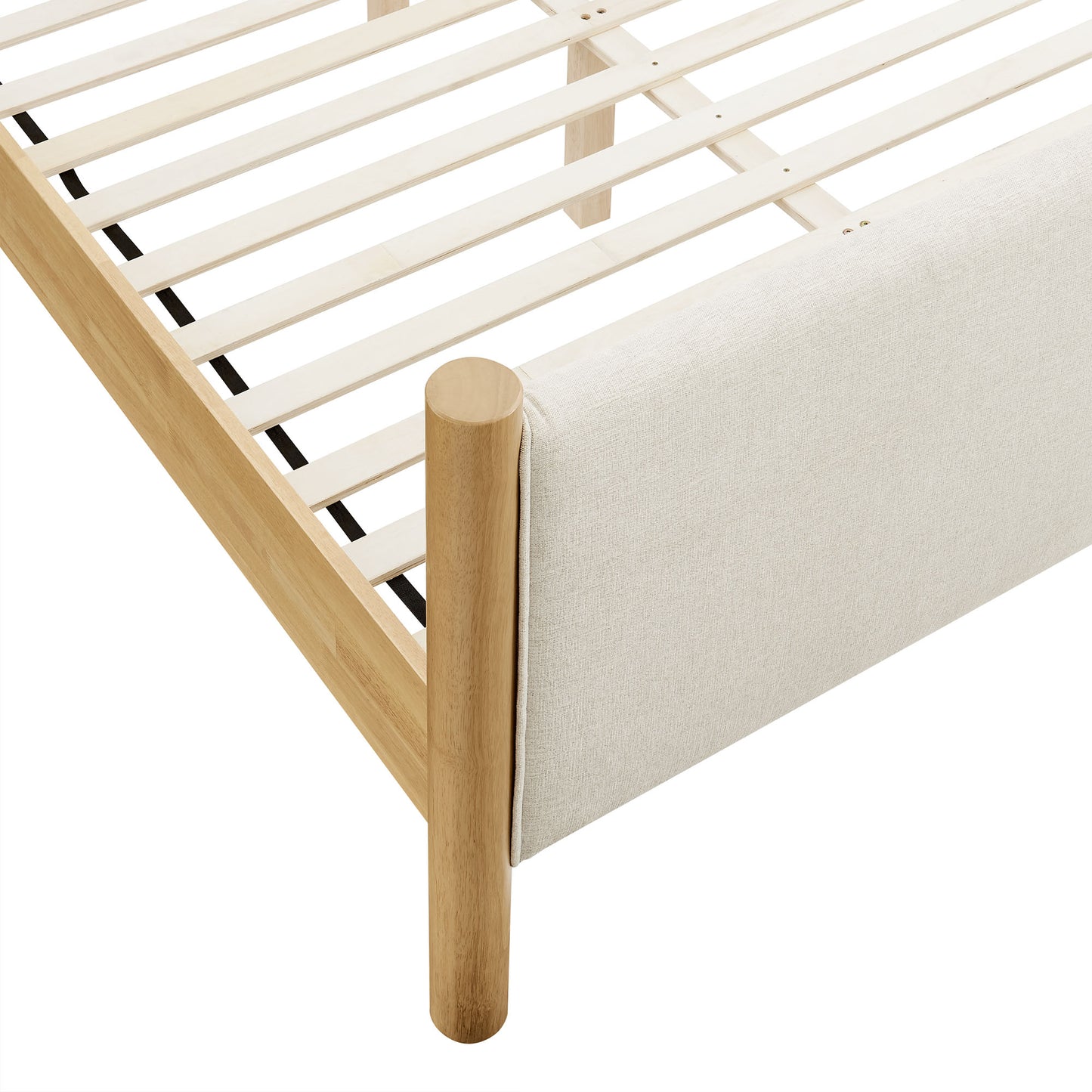 Full-size ivory fabric upholstered platform bed with a slatted base.