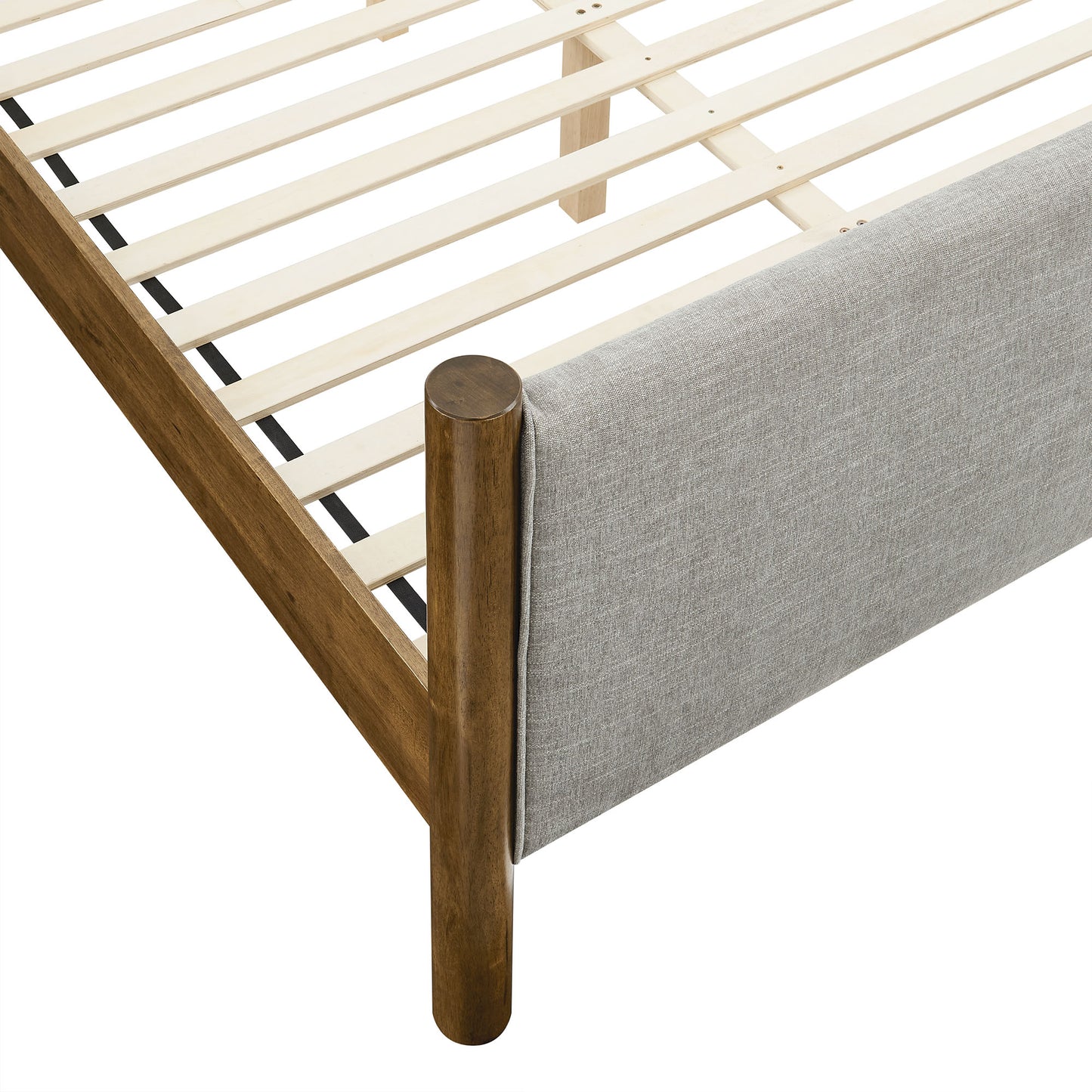 Oatmeal fabric upholstered full-size platform bed with a padded headboard and footboard, slatted base.