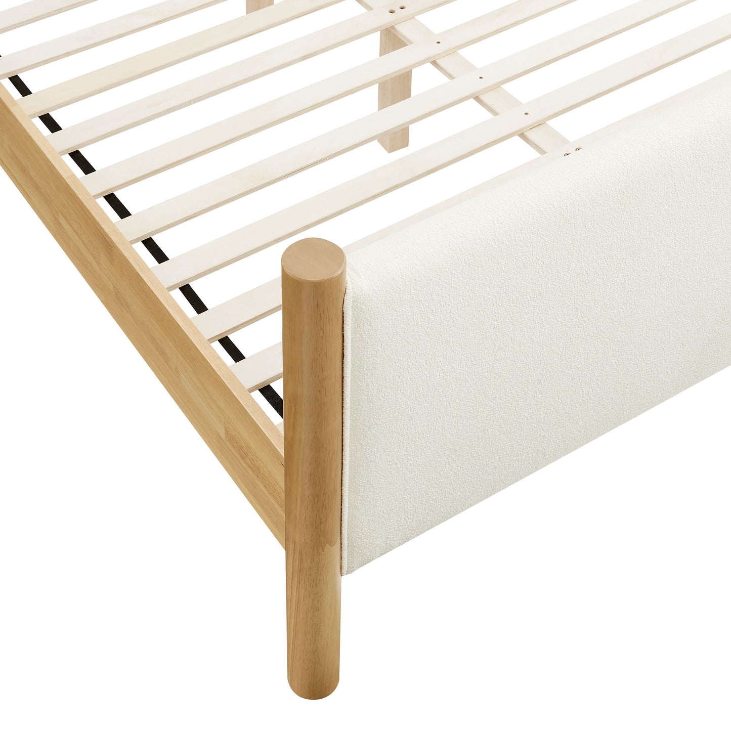 Ivory bouclé upholstered platform bed (queen size) with a slatted base.