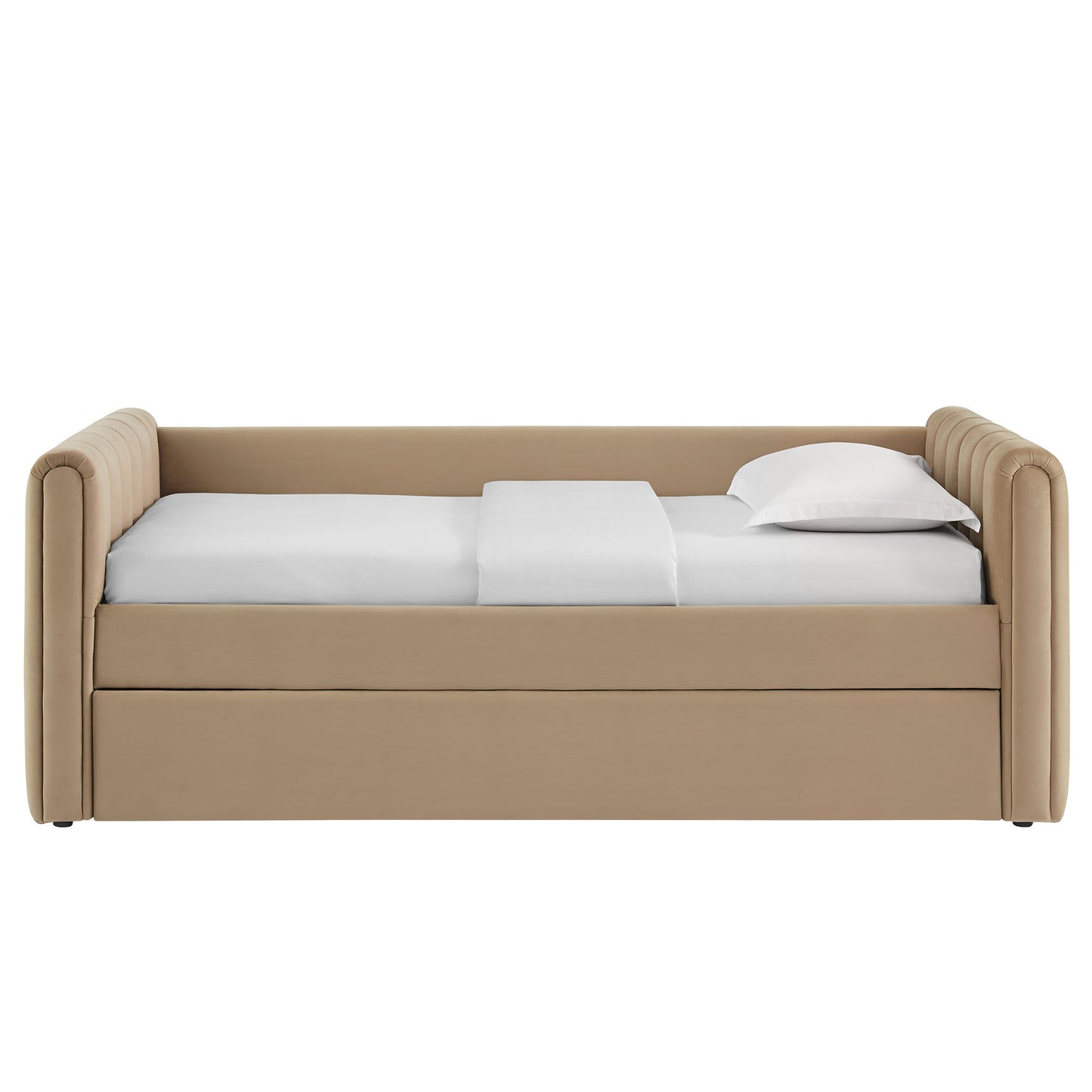 Taupe upholstered twin daybed with padded arms and pull-out trundle, dressed in white sheets and pillow.