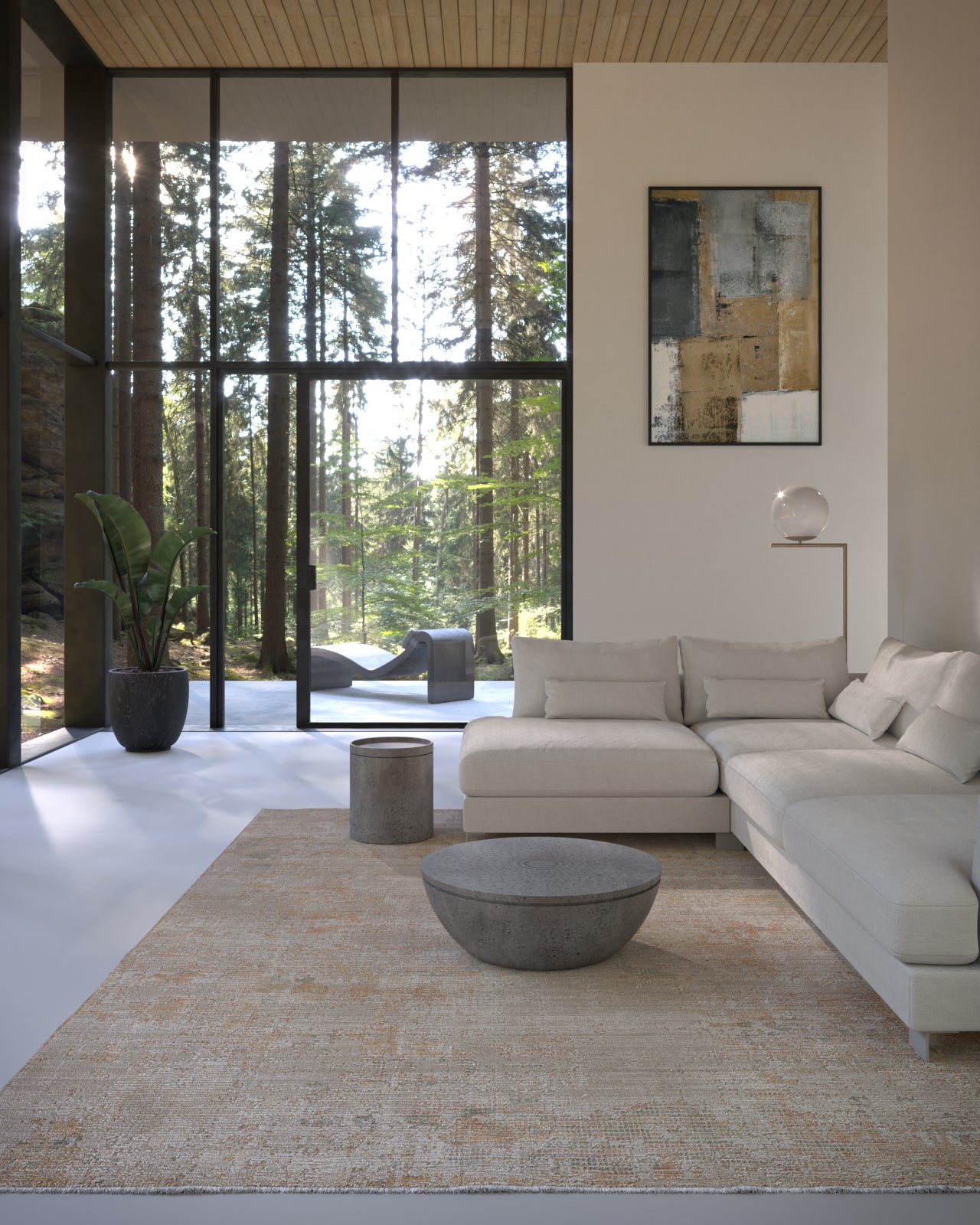 Modern living room with neutral sectional, concrete coffee table, beige rug, floor-to-ceiling windows and abstract art.