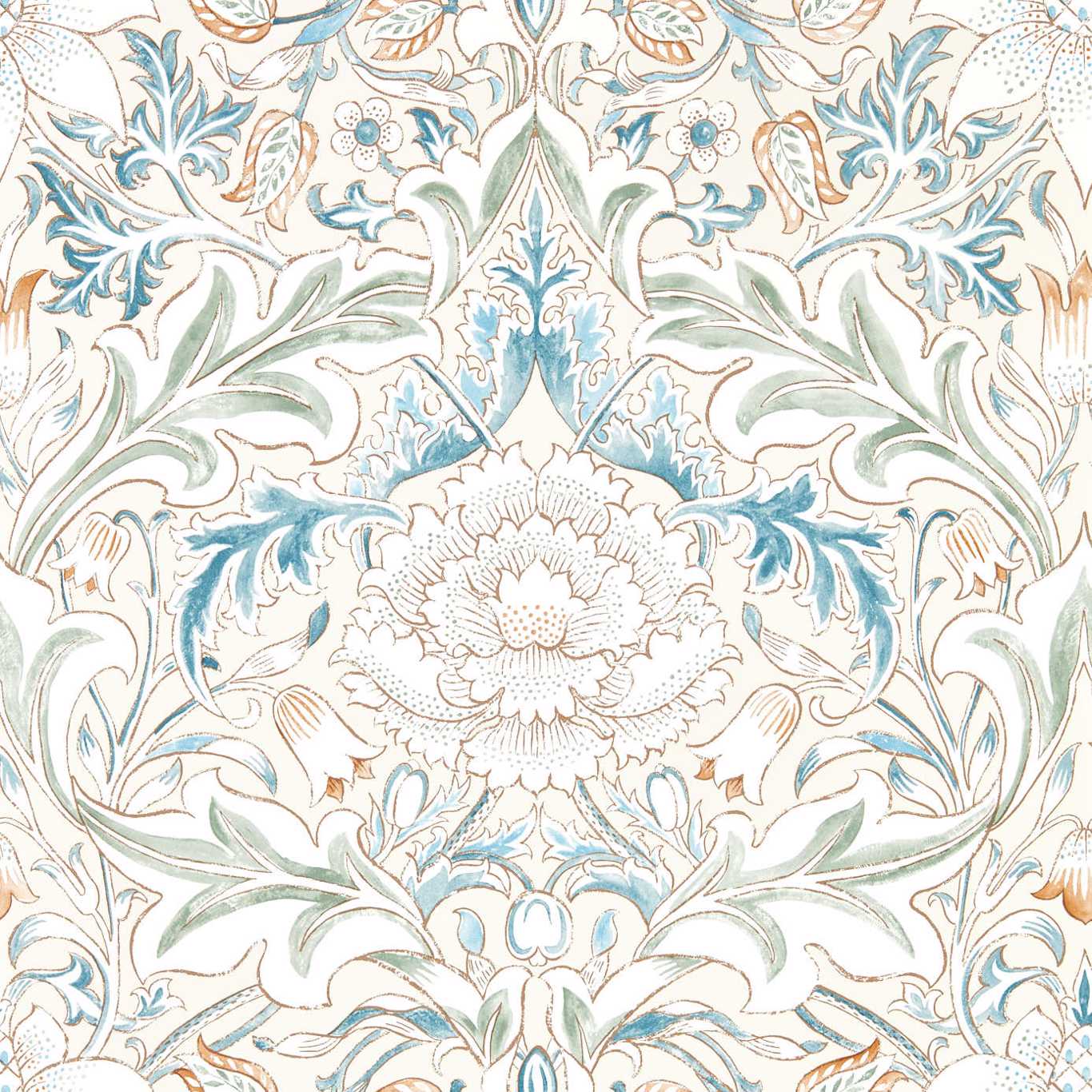 MORRIS & CO Simply Severn Wallpaper Contemporary, Floral Bayleaf,Annatto Gravure - Wide Width Printed Wallpaper - MSIM217074