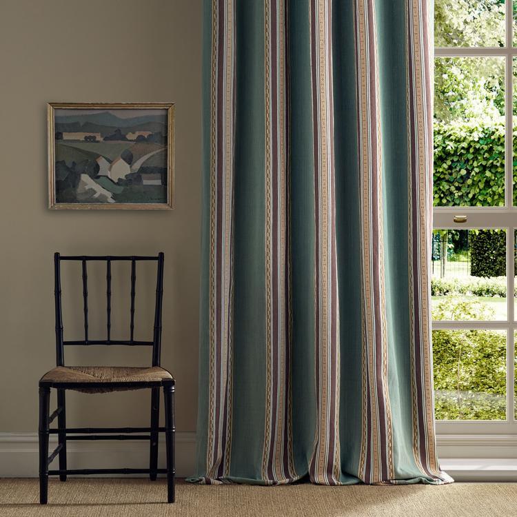 Morris & Co. Pimlico Stripe Fabric in Teal/Mulberry showing rich woven stripe, chevron and central motif in 70% linen / 30% cotton — ideal for elegant upholstery, drapery and luxury interior projects.
