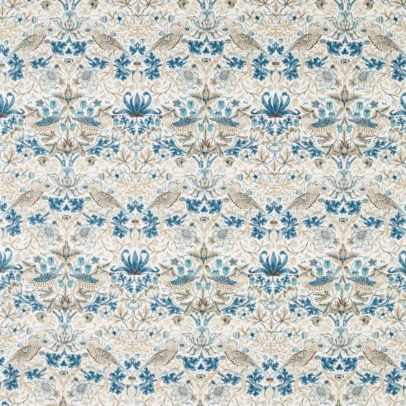 Damask-style linen fabric in mineral blue with blue and beige floral motifs and scrolling vines in a repeating pattern.