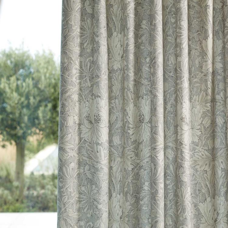 Morris & Co “Pure Honeysuckle & Tulip” Wide Width Fabric in Soft Mint/Grey showing subtle mint-grey foliage and tulip motif, extra-wide width cotton/lyocell blend—ideal for wide drapery, cushions or statement upholstery.