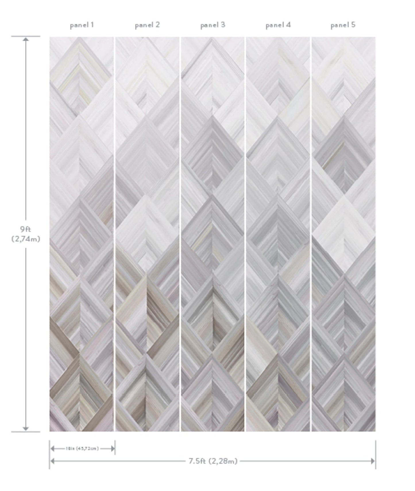 Diamond parquet grey wall mural, five-panel design in cool gray tones, 9ft high by 7.5ft wide.