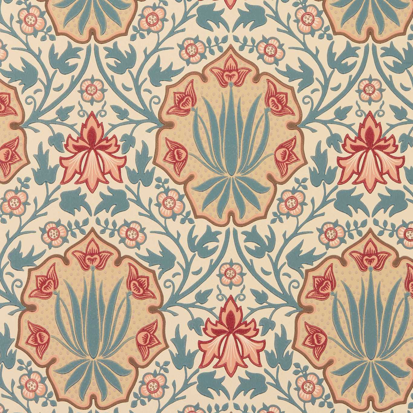 MORRIS & CO Iris & Rose Wallpaper Classic Floral Indigo,Crimson - MUNW217566