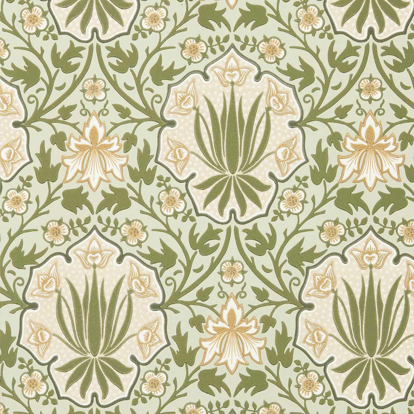 MORRIS & CO Iris & Rose Wallpaper Classic Floral Bayleaf,Weld - MUNW217567