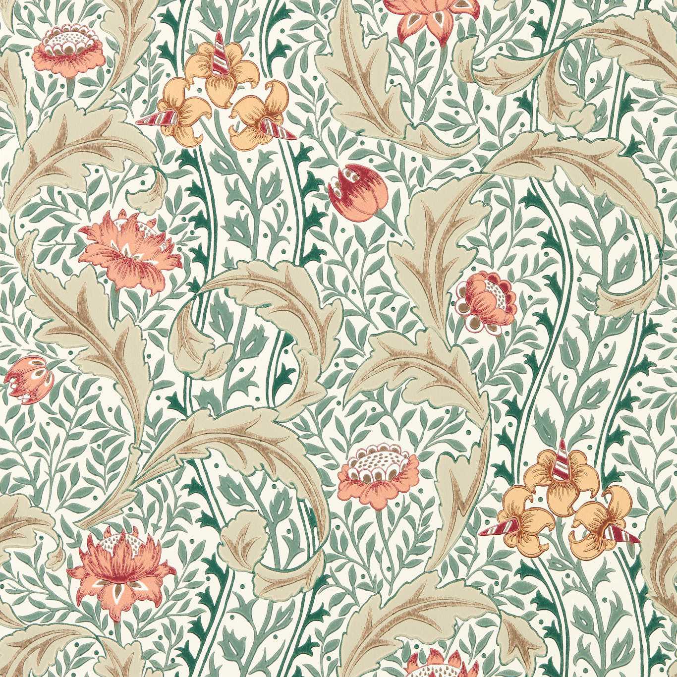 MORRIS & CO Wild Tulip & Vine Wallpaper Classic Floral Coral,Teal - MUNW217578
