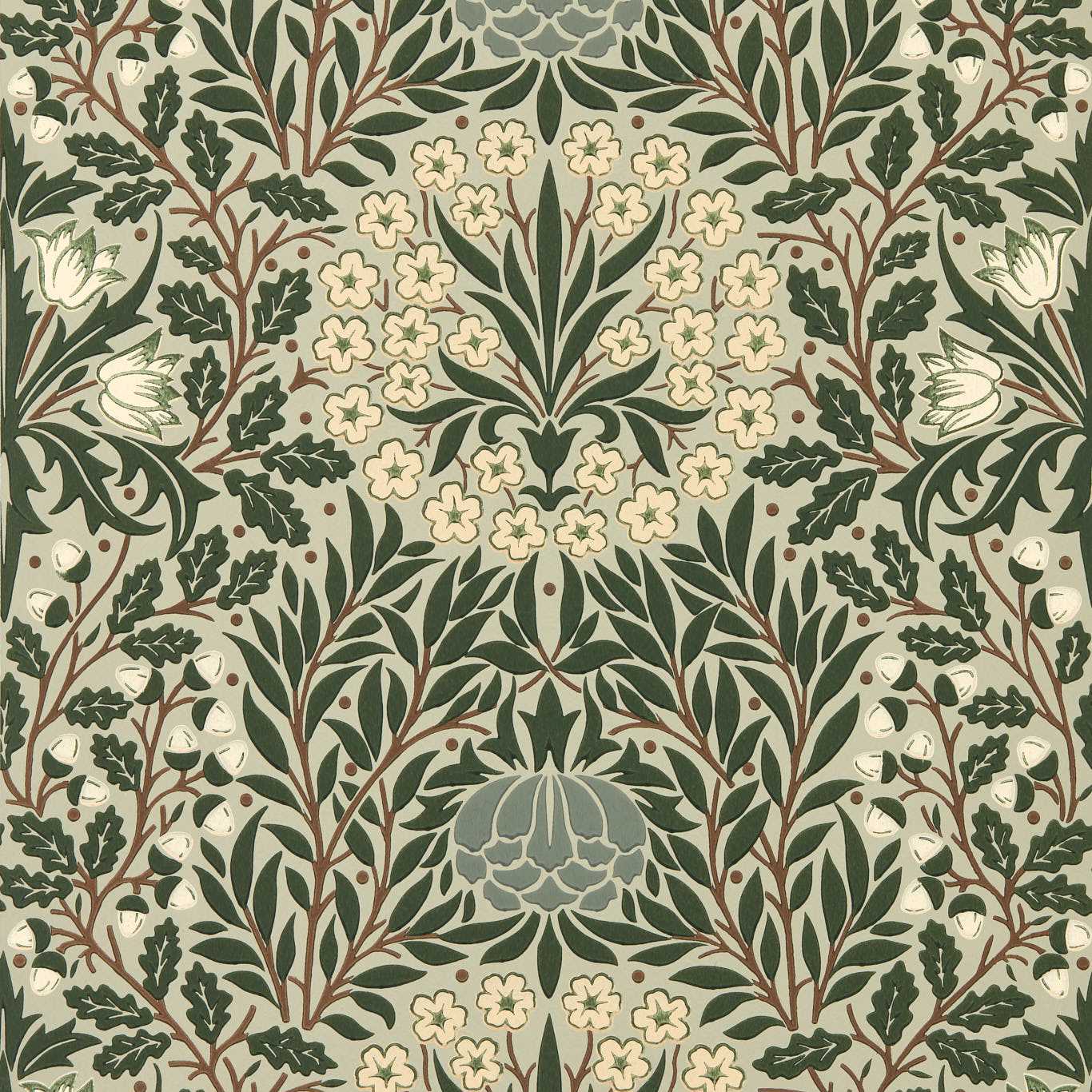 MORRIS & CO Daisy & Oak Wallpaper Classic Floral Sage,Forest - MUNW217585