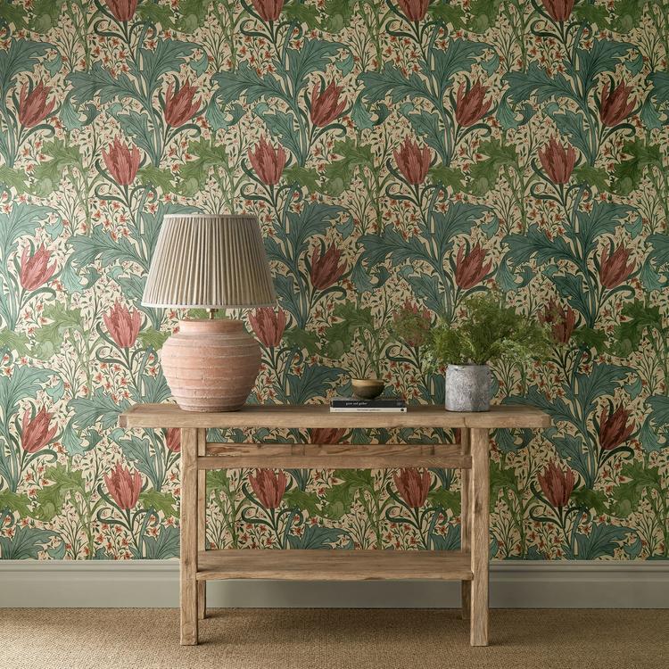Lent Lily Wallpaper in Plum and Bayleaf by Morris & Co featuring William Morris floral design with stylised tulips, acanthus swirls, and wild daffodils, heritage Arts and Crafts botanical wallpaper, richly detailed surface printed pattern ideal for feature walls, bedrooms, dining rooms, and luxury interior décor.