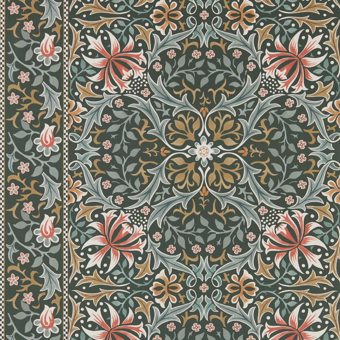 MORRIS & CO Walthamstow Wallpaper Classic Floral Forest,Teal - MUNW217600