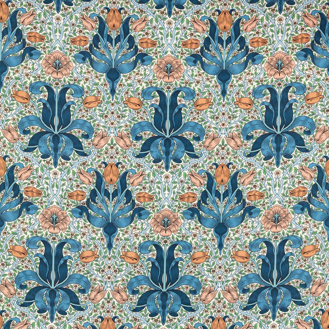 MORRIS & CO Spring Thicket Fabric Contemporary, Floral Paradise Blue,Peach - MVOF227207