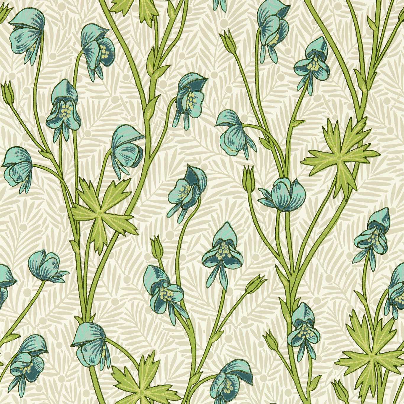 MORRIS & CO Monkshood Wallpaper Contemporary, Floral Aqua,Peashoot Surflex-Printed Wallpaper - MVOW217344