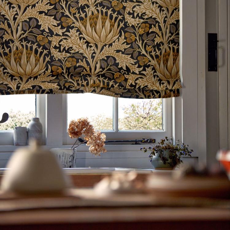 Morris & Co Wardle Velvet fabric in Midnight/Pearwood colour‑way – rich plain velvet, 52.8″ wide, 90% cotton / 10% polyester, perfect for upholstery, drapes, cushions and headboards.