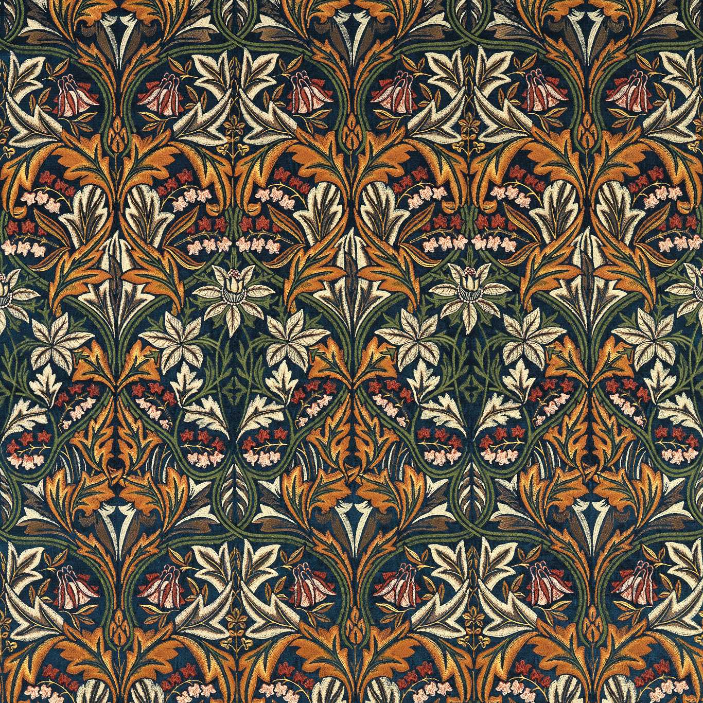 MORRIS & CO Bluebell Embroidery Fabric Contemporary, Floral Indigo,Russet - MWAR237293