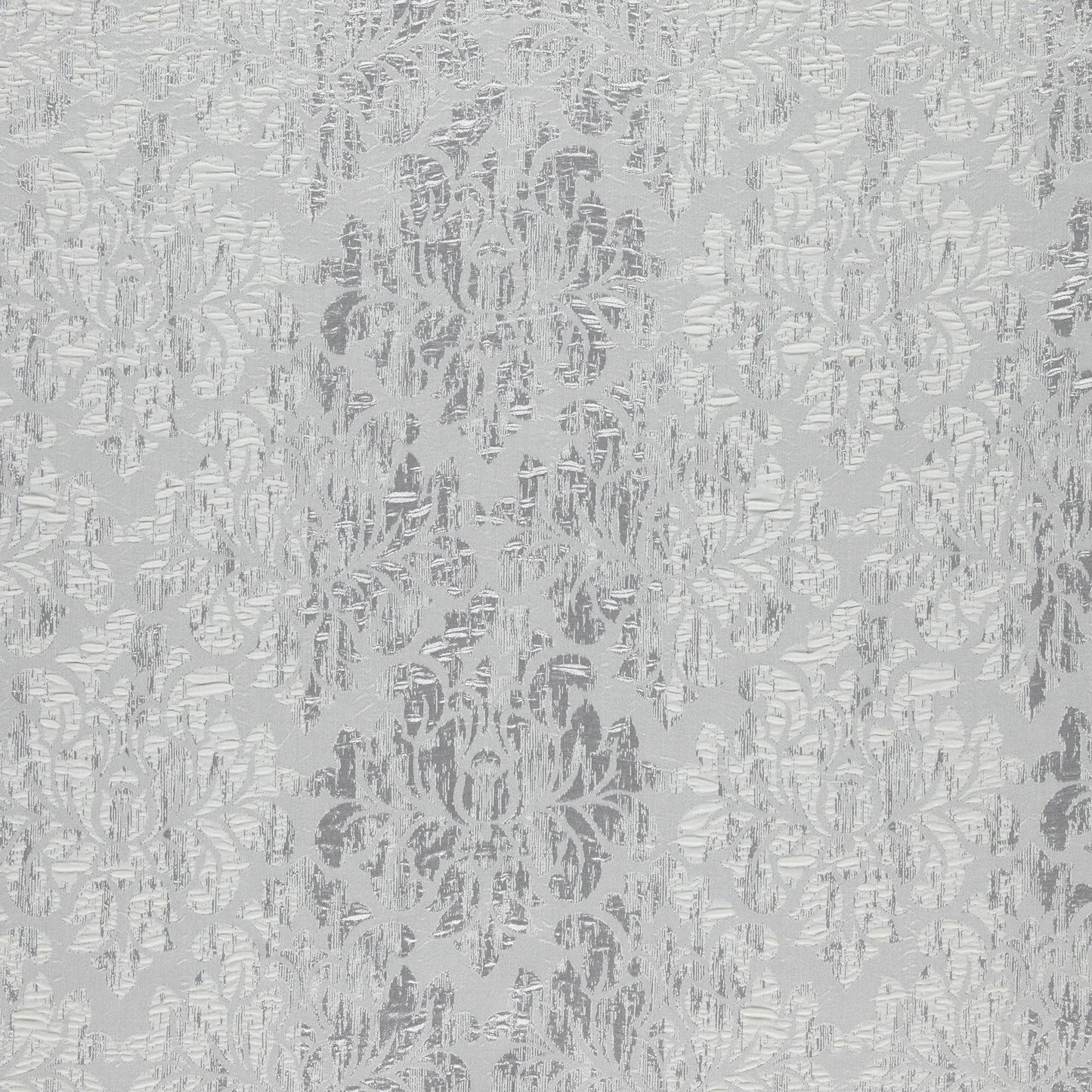 Grey damask fabric with metallic-silver floral jacquard pattern.