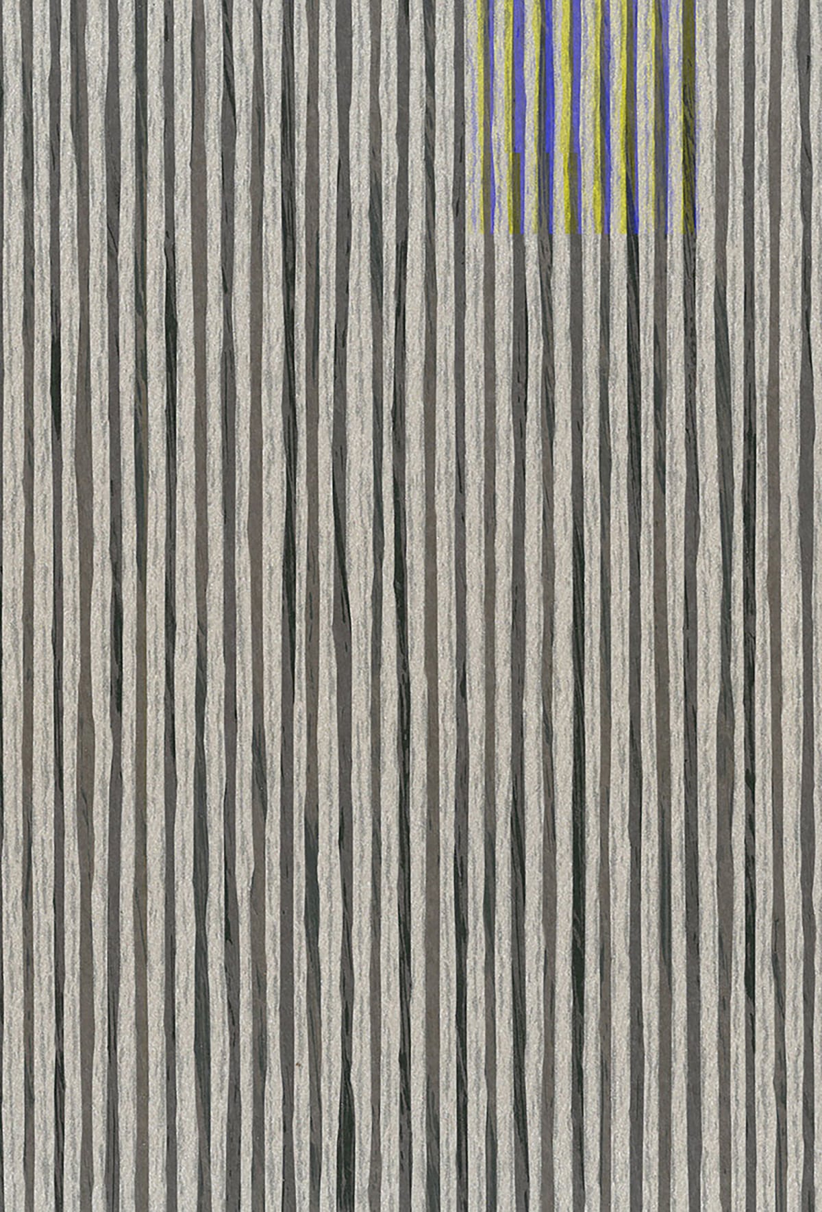 Close-up of grey grasscloth wallpaper with a subtle woven texture and irregular darker strands; purple and yellow accent at top right.