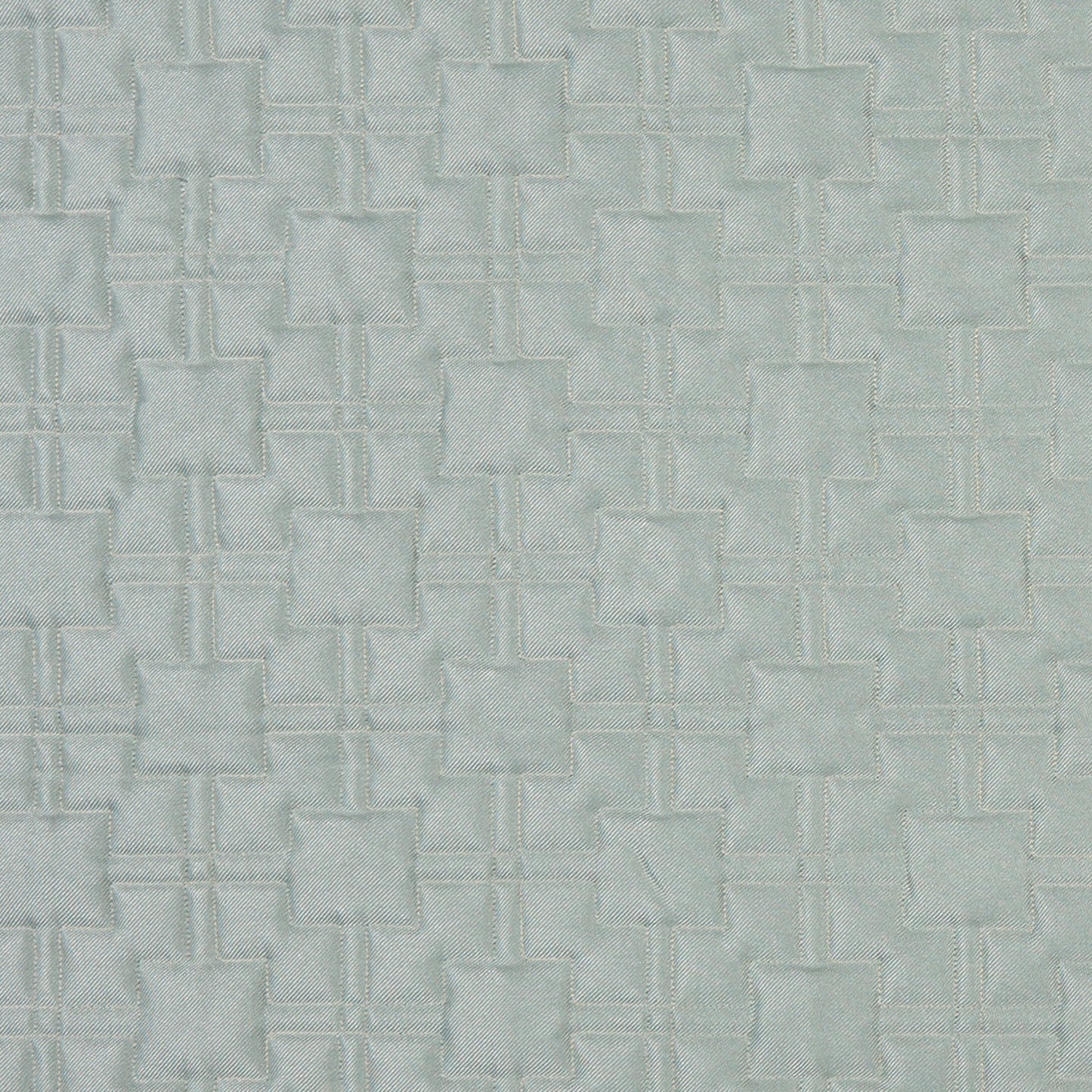 Light blue-gray matelassé fabric with a repeating geometric raised square motif connected by stitched lines.